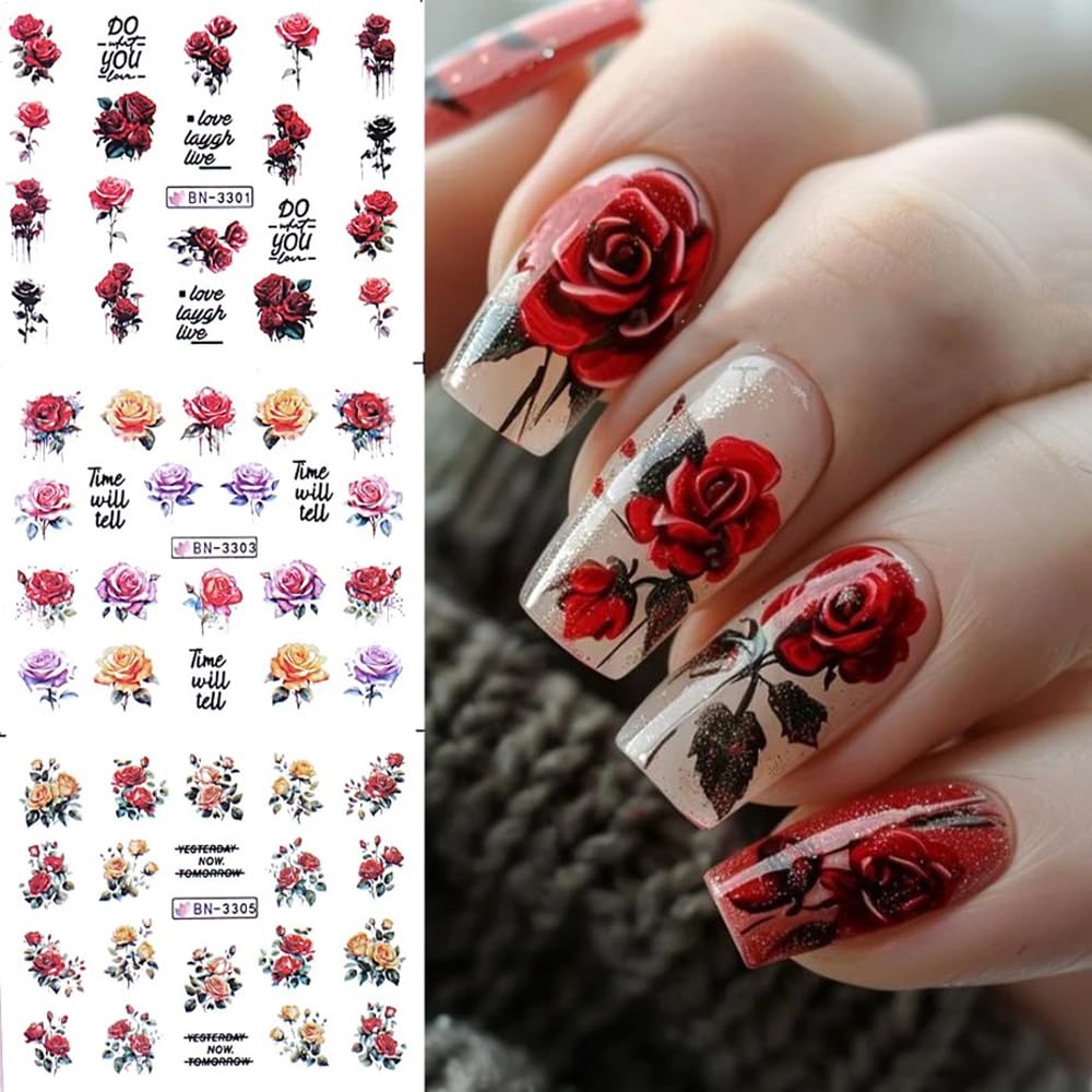 Rose Flower Nail Art Stickers - 12 Sheets Water Transfer Nail Decals for Women | Pink & Black Floral Nail Tattoo Designs | Perfect for Valentine's Day, Bridal, Party & Everyday Nail Art Accessories