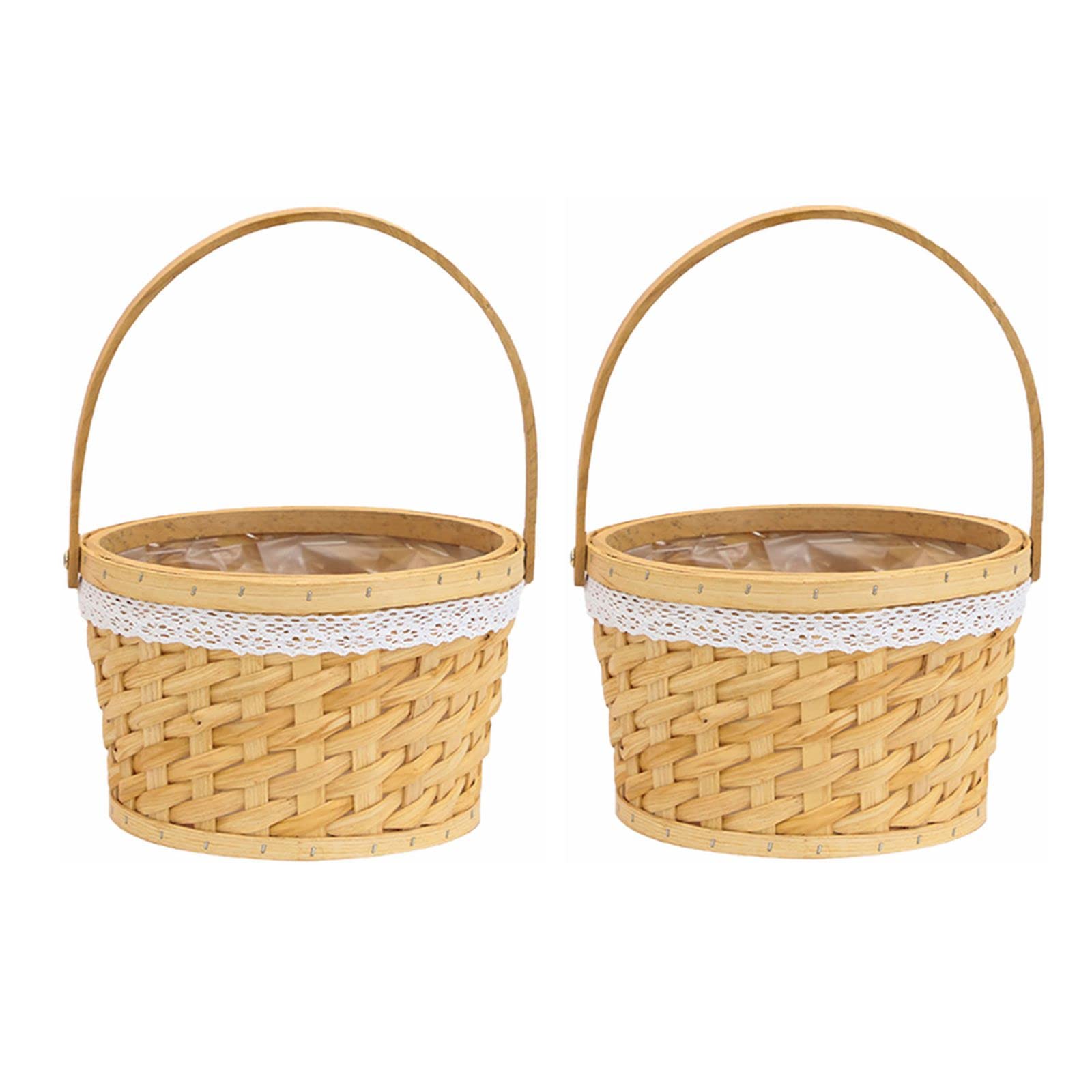 2PCS Handwoven Flower Girl Baskets with Handle - Decorative Woven Storage Baskets with Plastic Insert for Wedding, Home & Garden Decor - Perfect for Flower Arrangements, Gift Baskets and Rustic Decorations (Round Shape)