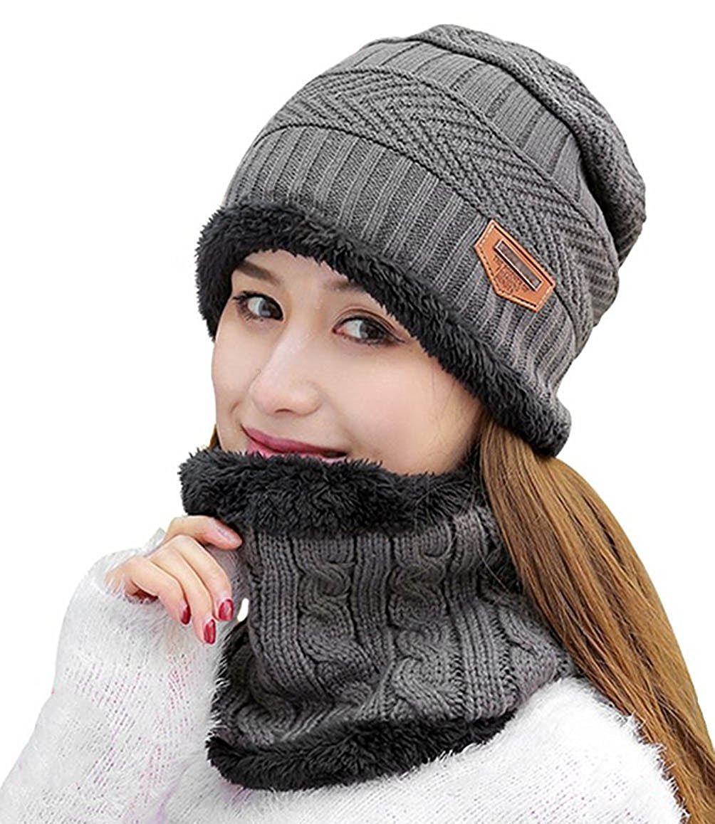 Kuyou Women's Beanie Hat and Scarf Set - Soft Winter Knit Tube Scarf & Warm Fleece Lined Hat for Cold Weather - Perfect for Skiing, Snowboarding, and Outdoor Winter Activities