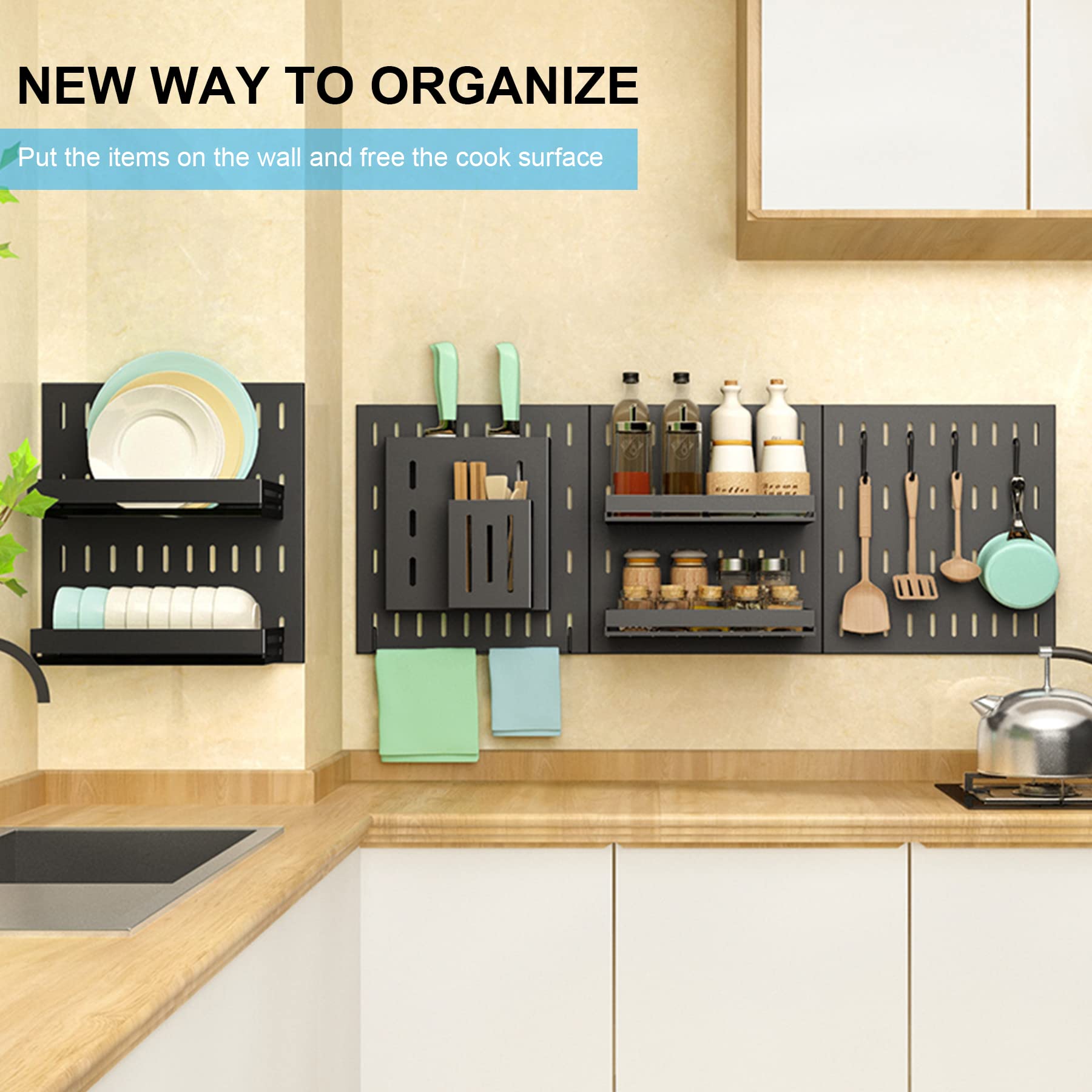 Wall Mounted Kitchen Organizer - Space Saving Pot & Pan Rack Set with Multiple Hooks & Holders - Removable Silverware Storage for Utensils, Veggies & More (5-Piece Set) - Perfect for Small Kitchens, Pantry Organization & Cooking Essentials Storage
