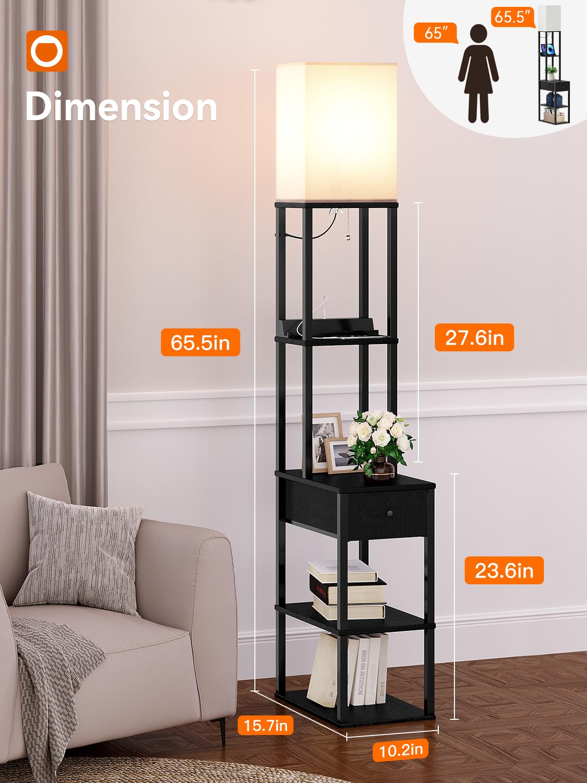 Addlon Modern Floor Lamp with 2 USB Ports, 1 Outlet & Storage Drawer - 3-Way Dimmable LED Bulb (9W) Included - White Fabric Shade & Shelves - Perfect for Living Room, Bedroom, Office Reading & Nightstand Lighting - Black Contemporary Design