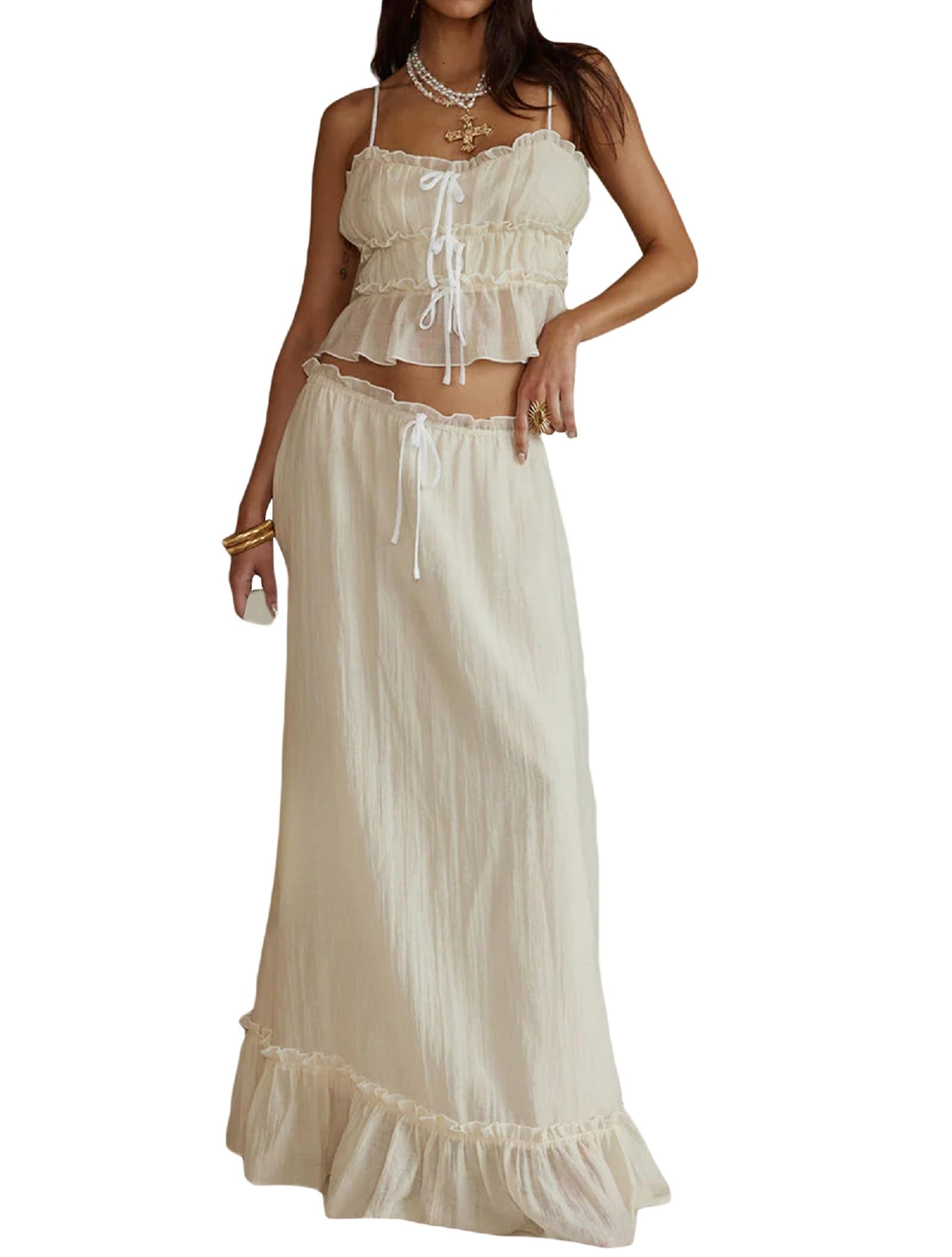 Y2K Women's 2 Piece Skirt Set - Tie Front Cami Top & Flowy Ruffle Maxi Skirt | Beach Vacation Outfits, Summer Dresses, Boho Chic Fashion for Parties & Travel