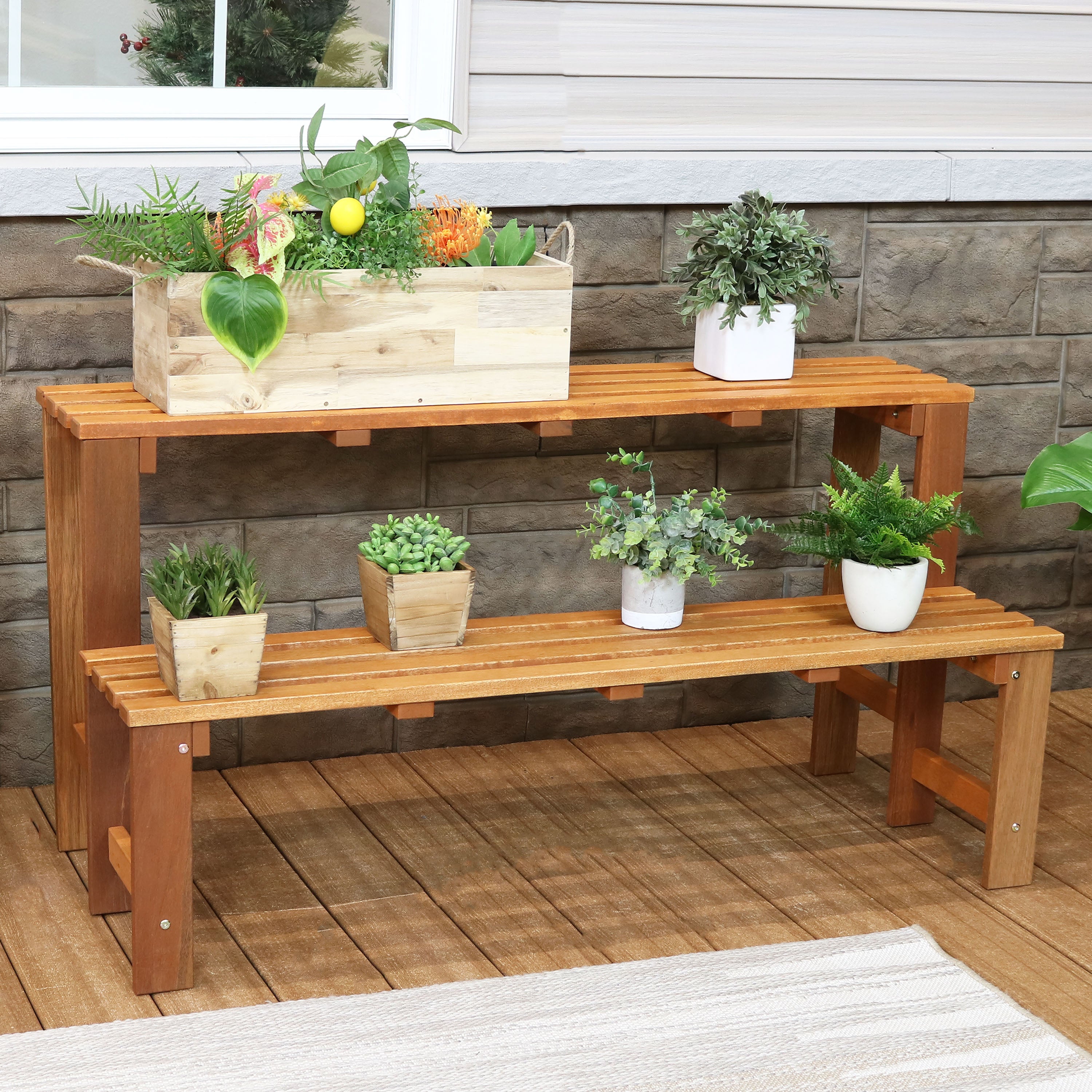 Sunnydaze 2-Tier Meranti Wood Outdoor Plant Stand with Teak Oil Finish - Perfect for Patio, Garden, and Balcony Decor