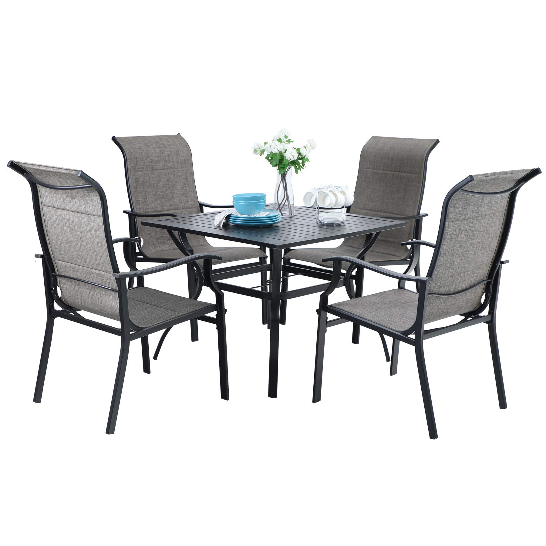 MFSTUDIO 5-Piece Outdoor Patio Dining Set - Square Metal Table with 4 Textilene Sling Chairs, All-Weather Furniture for Backyard, Garden, Poolside & BBQ Parties - Perfect for Family Gatherings & Outdoor Entertaining