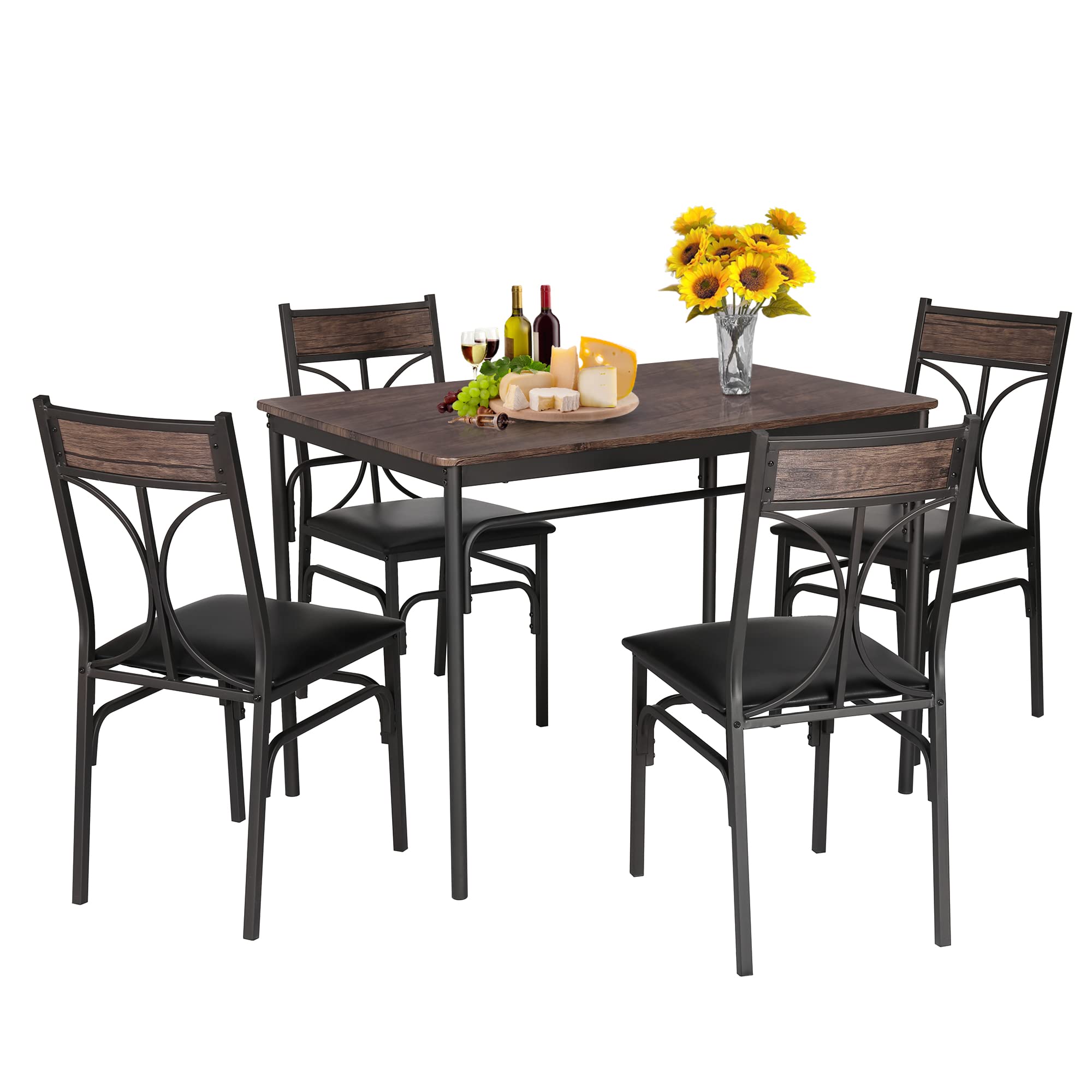 VECELO 5-Piece Industrial Style Kitchen Table Set - Brown Wood Dining Table with 4 Chairs for Small Spaces, Breakfast Nook, Apartment, Diner & Compact Dining Rooms - Perfect for Family Meals & Entertaining Guests