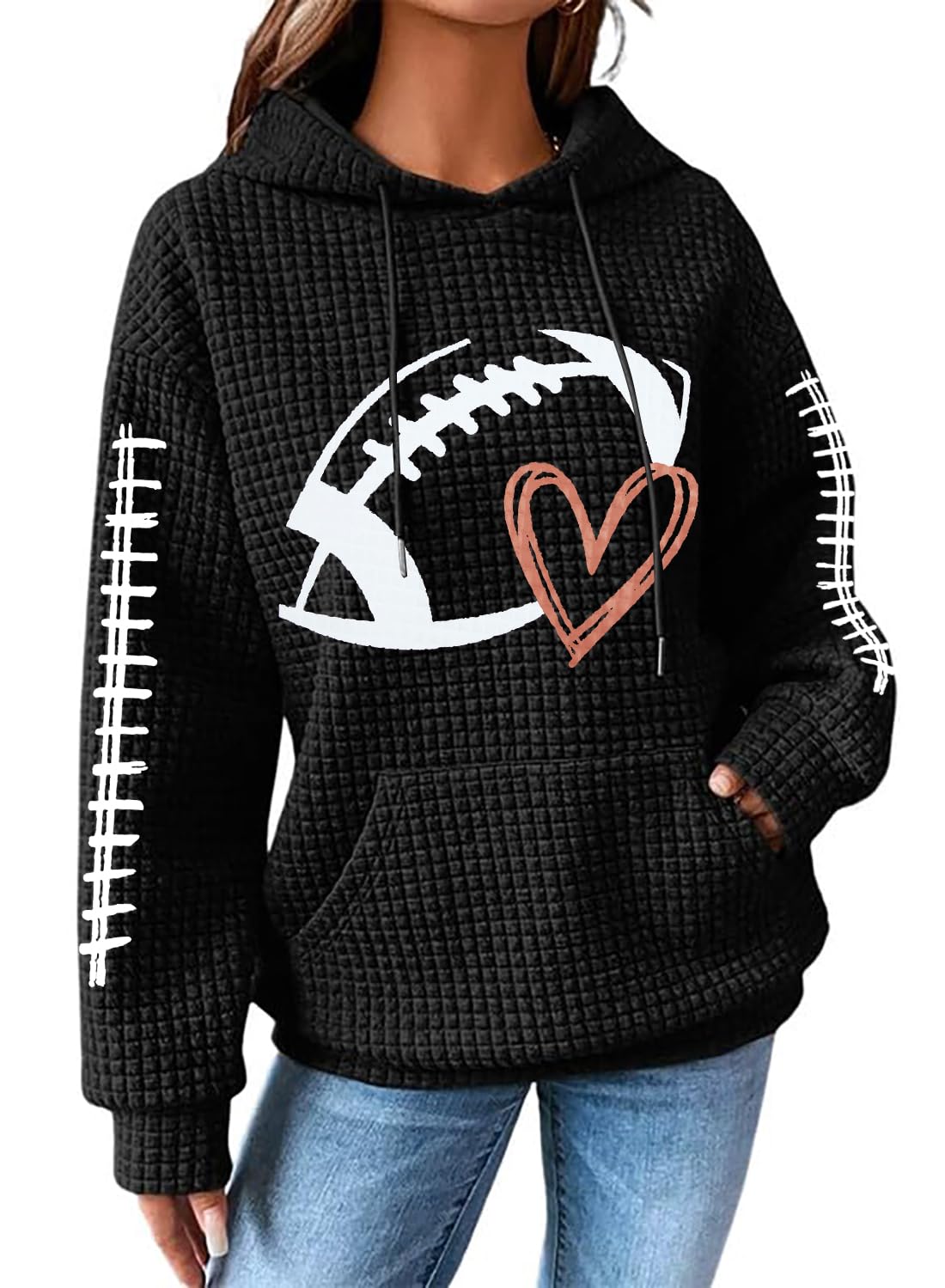 VILOVE Women's Funny Football Graphic Hooded Sweatshirt - Waffle Knit Game Day Pullover Long Sleeve Hoodie - Perfect for Football Games, Tailgating & Casual Wear