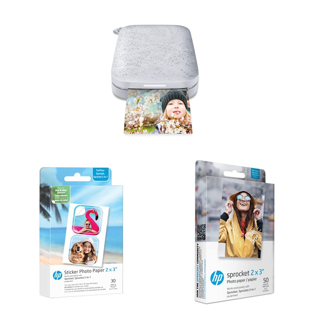 HP Sprocket 2nd Edition Portable Instant Photo Printer with 50 Sheets Premium Zink Sticky Back Photo Paper & Pre-Cut Sticker Paper - Perfect for Travel, Scrapbooking, and DIY Projects