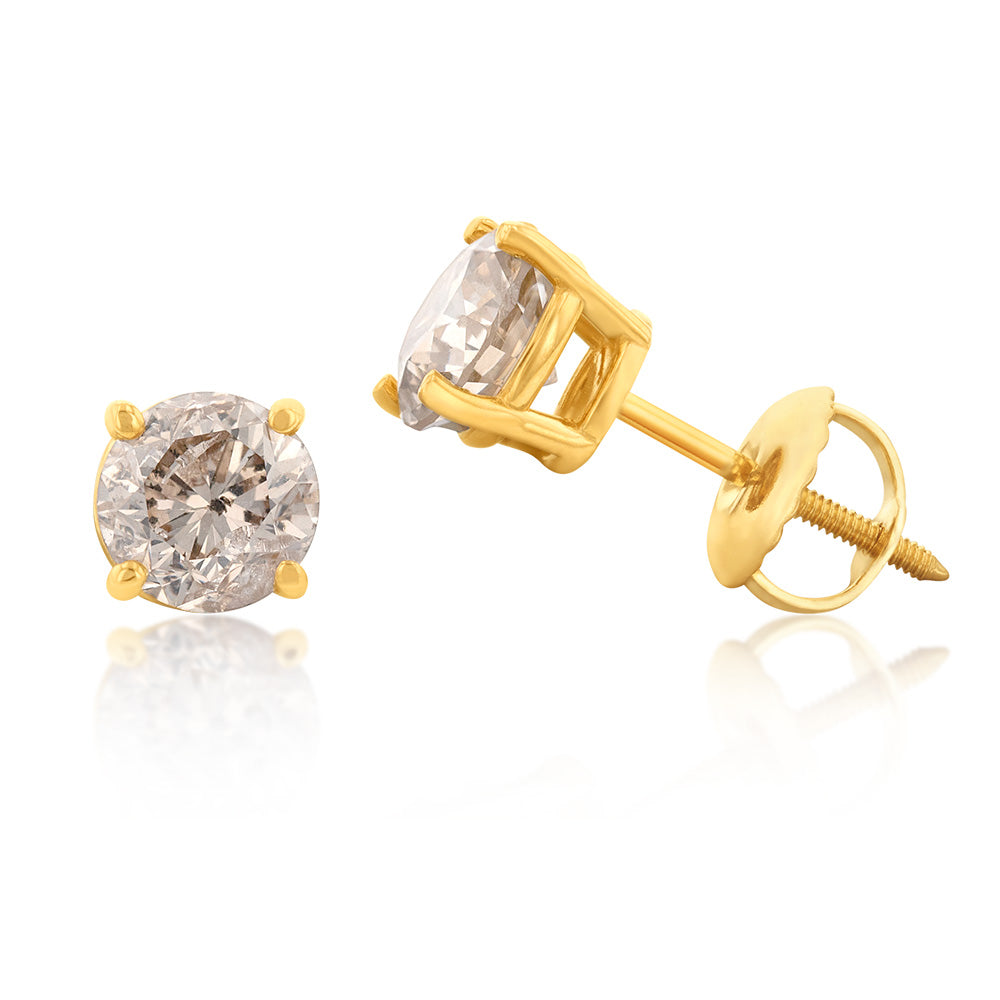 14K Yellow Gold 1.2 Carat Champagne Australian Diamond Stud Earrings with Screw Back - Perfect for Weddings, Anniversaries & Special Occasions