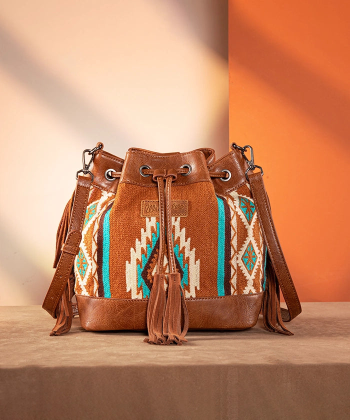 Wrangler Aztec Knitted Bucket Bag Set for Women - Boho Chic Crossbody Purse with Adjustable Strap - Perfect for Travel, Shopping & Everyday Use