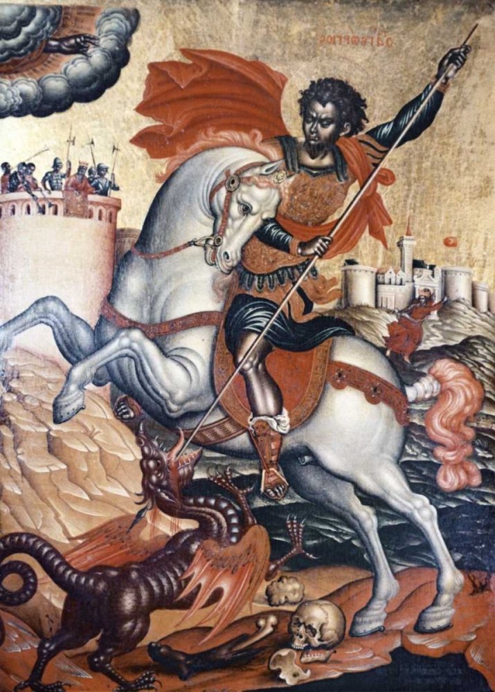 St. George Slaying the Dragon Art Print by Tzanes - 40x28 Inch Fine Art Paper for Framing - Wall Decor for Living Room, Bedroom & Office