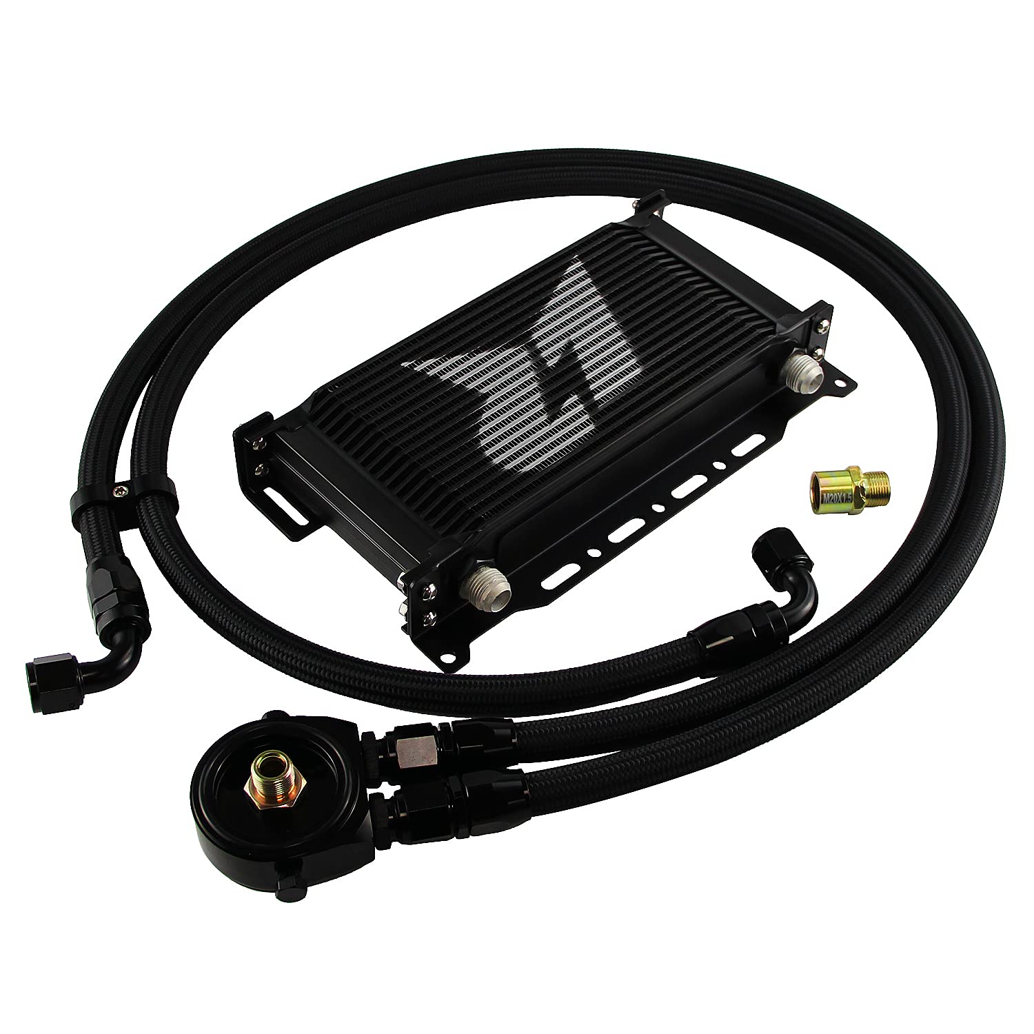Universal AN10 19-Row Aluminum Engine Transmission Oil Cooler Kit with Bracket & Adapter Hose (34X16 & M20X1.5) - High Performance Cooling for Racing, Off-Road & Modified Vehicles - Black Finish