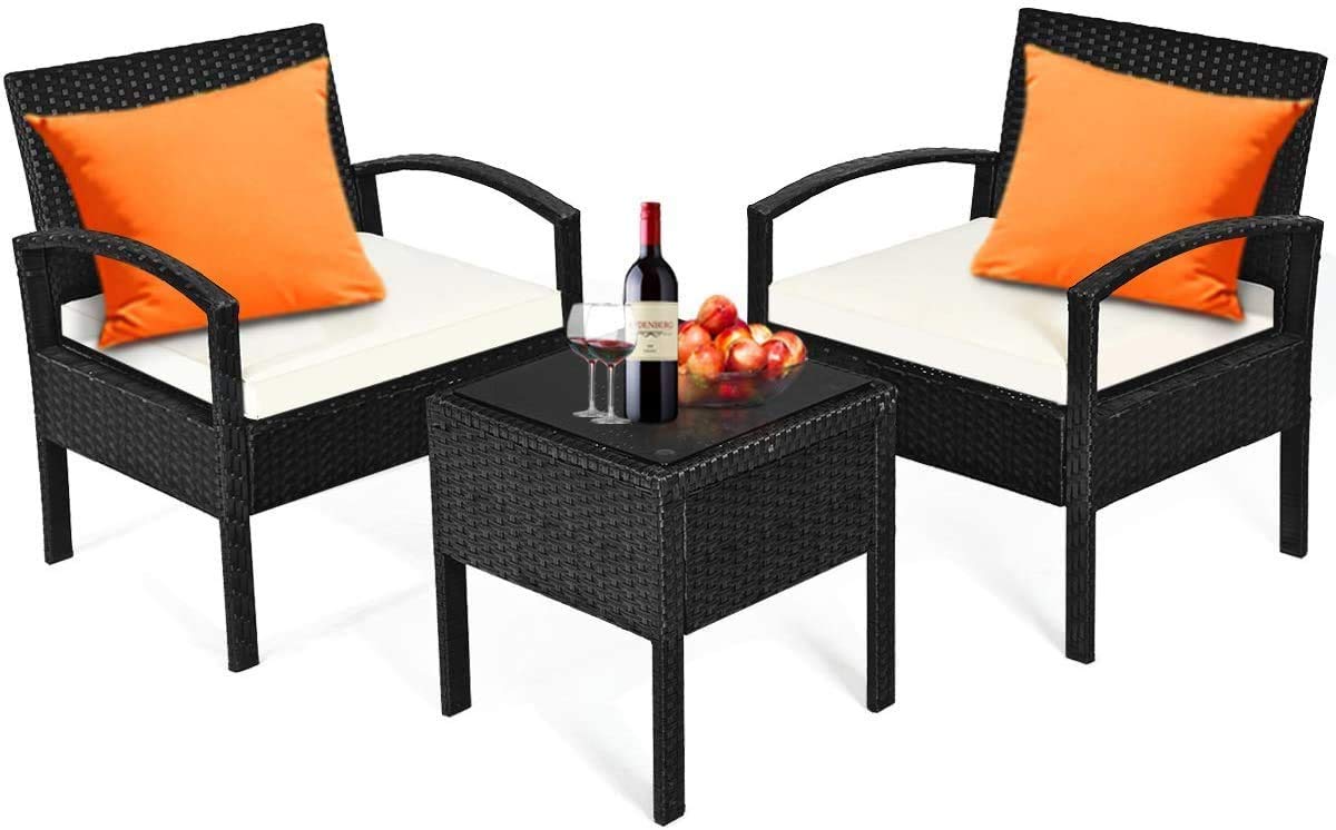 3-Piece Outdoor Patio Furniture Set - Rattan Wicker Conversation Chairs with Beige Cushions & Tempered Glass Coffee Table - Perfect for Backyard, Porch, Poolside, Garden, and Lawn Relaxation