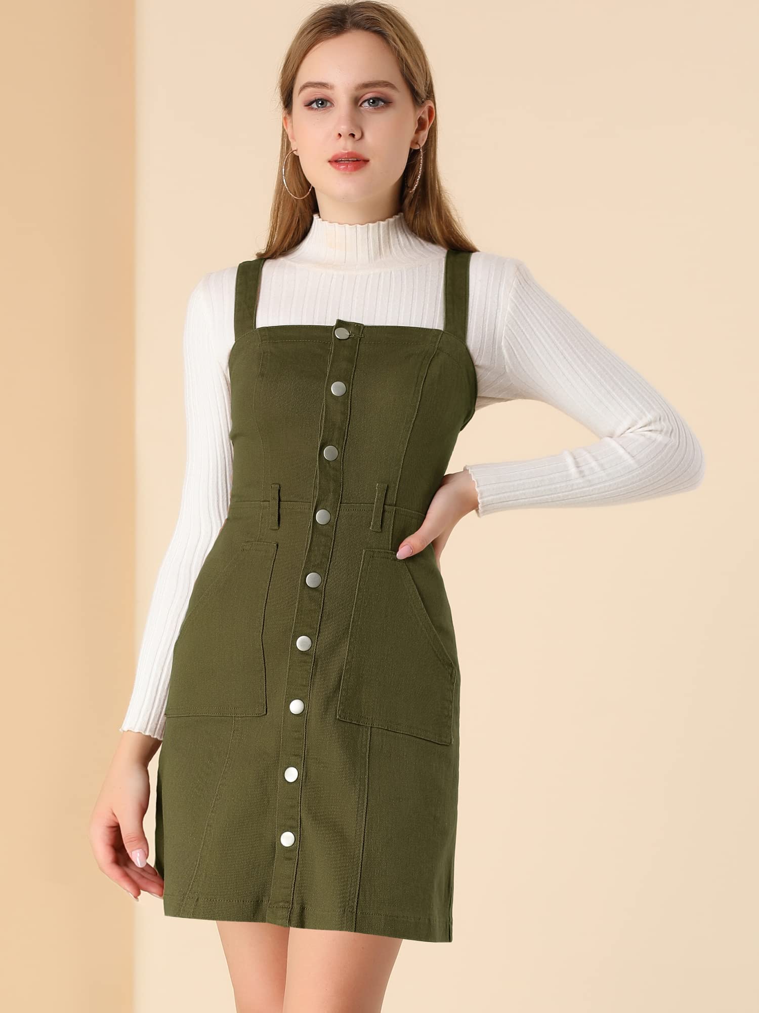 Allegra K Women's Classic Denim Pinafore Dress with Adjustable Straps - Casual Overalls for Spring & Summer Outfits, Date Night, and Weekend Brunch