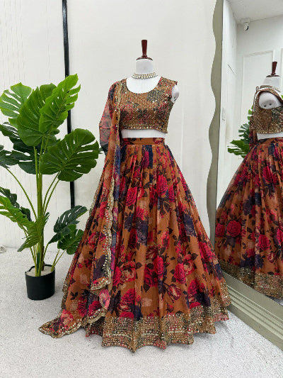 Elegant Rustic Rose Floral Organza Lehenga Choli Set for Women - Traditional Indian Bridal Party Wear for Weddings, Festivals & Special Occasions