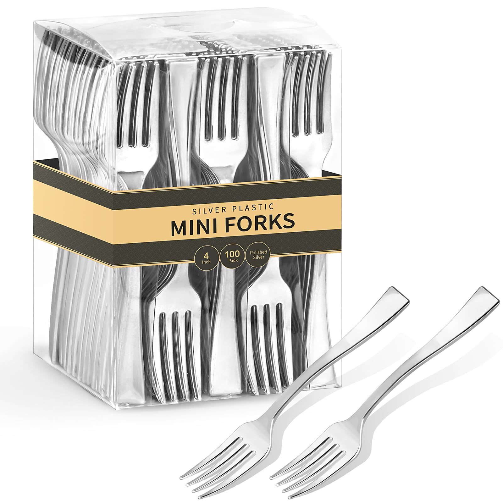 Qeirudu 4 Inch Mini Plastic Silver Forks - 100 Pack Heavy Duty Disposable Appetizer Forks for Party, Desserts, Charcuterie, Cocktails & Strawberries - Perfect for Weddings, Baby Showers & Catering Events