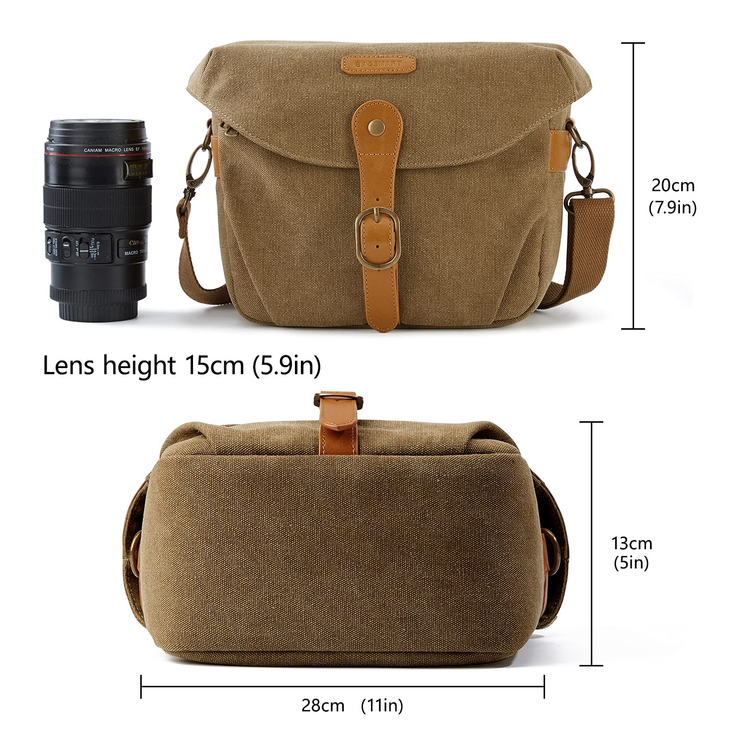 BAGSMART DSLR Camera Bag - Waterproof Canvas Crossbody Shoulder Bag for SLR/DSLR Cameras with Rain Cover - Compact & Lightweight Photography Accessory for Men & Women (Khaki) - Perfect for Travel, Hiking & Outdoor Photography