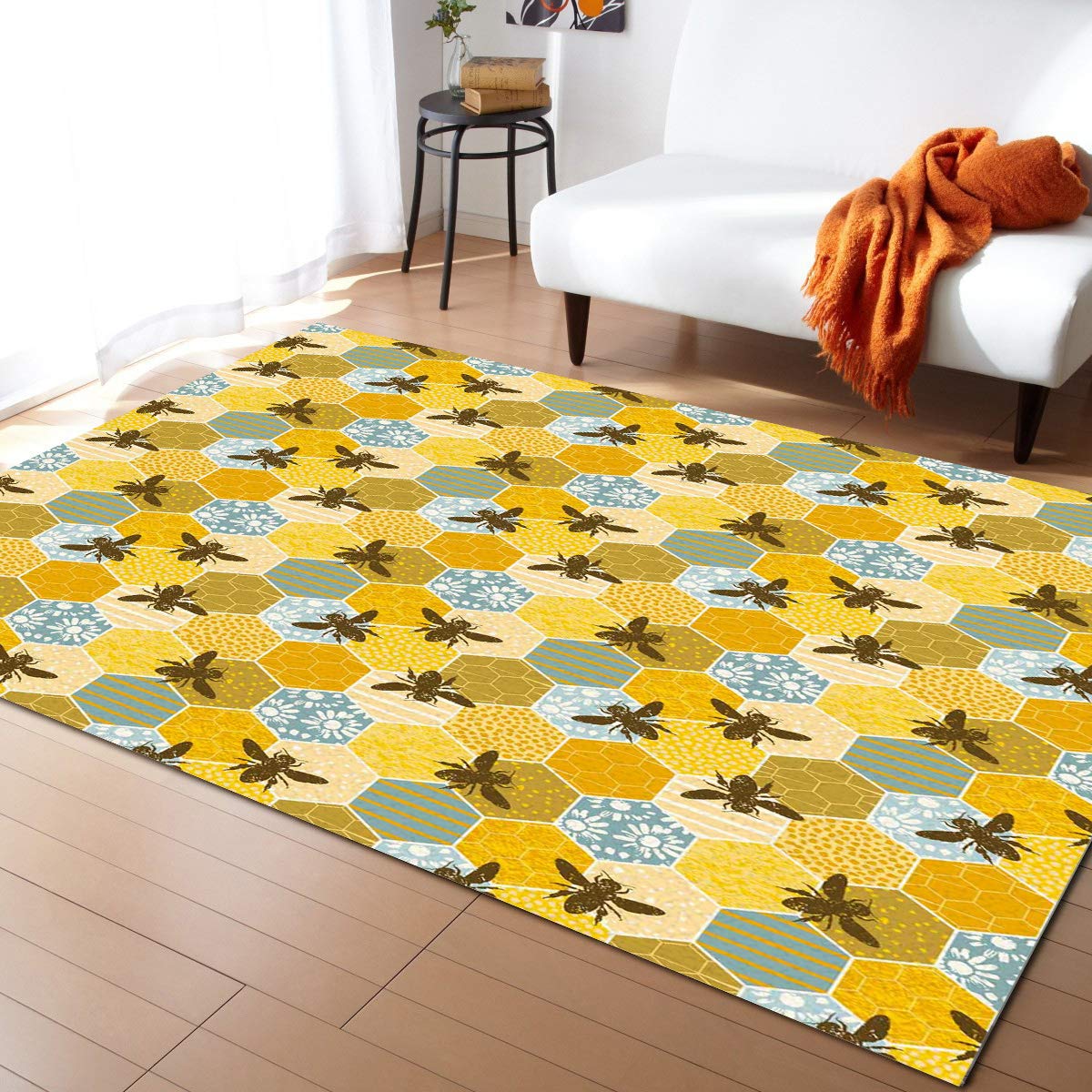 5'x8' Floral Area Runner Rug - Washable Indoor Outdoor Carpet for Kitchen, Living Room, Bathroom, Bedroom, Classroom & Laundry | Black Yellow Bee Honeycomb Design Door Mat for Entryway, Welcome Floor Mat, Desk Mat - Perfect for Home Decor & Office Spaces