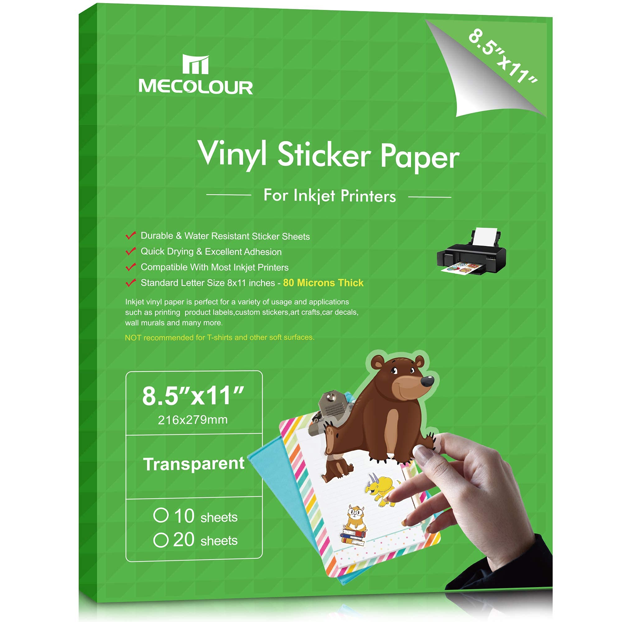 MECOLOUR Clear Sticker Paper for Inkjet Printer - 95% Transparent 8.5x11 Inch Waterproof Labels - 20 Sheets for DIY Crafts, Scrapbooking & Product Packaging