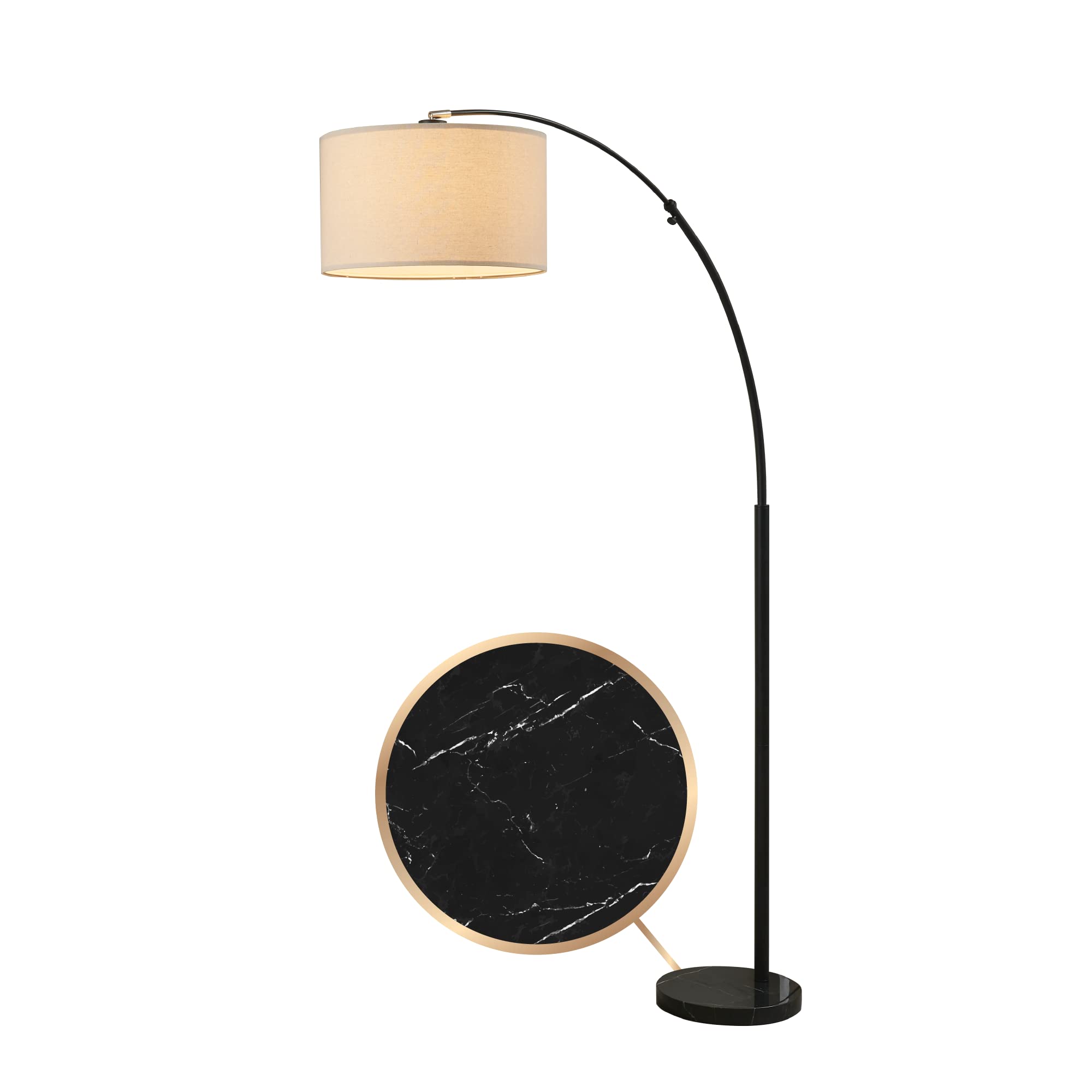 FENLO Finn - Luxury Arc Floor Lamp with Black Marble Base, Adjustable Standing Lamp with Drum Linen Shade, Classic Arched Lamp for Living Room, Bedroom & Office - Perfect for Reading Nook, Home Decor & Modern Interior Design