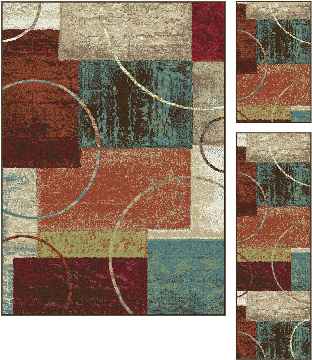 Conner Contemporary Abstract Multi-Color 3-Piece Area Rug Set - Soft Non-Slip Living Room Rugs for Modern Home Decor, Bedroom & Office Floor Covering