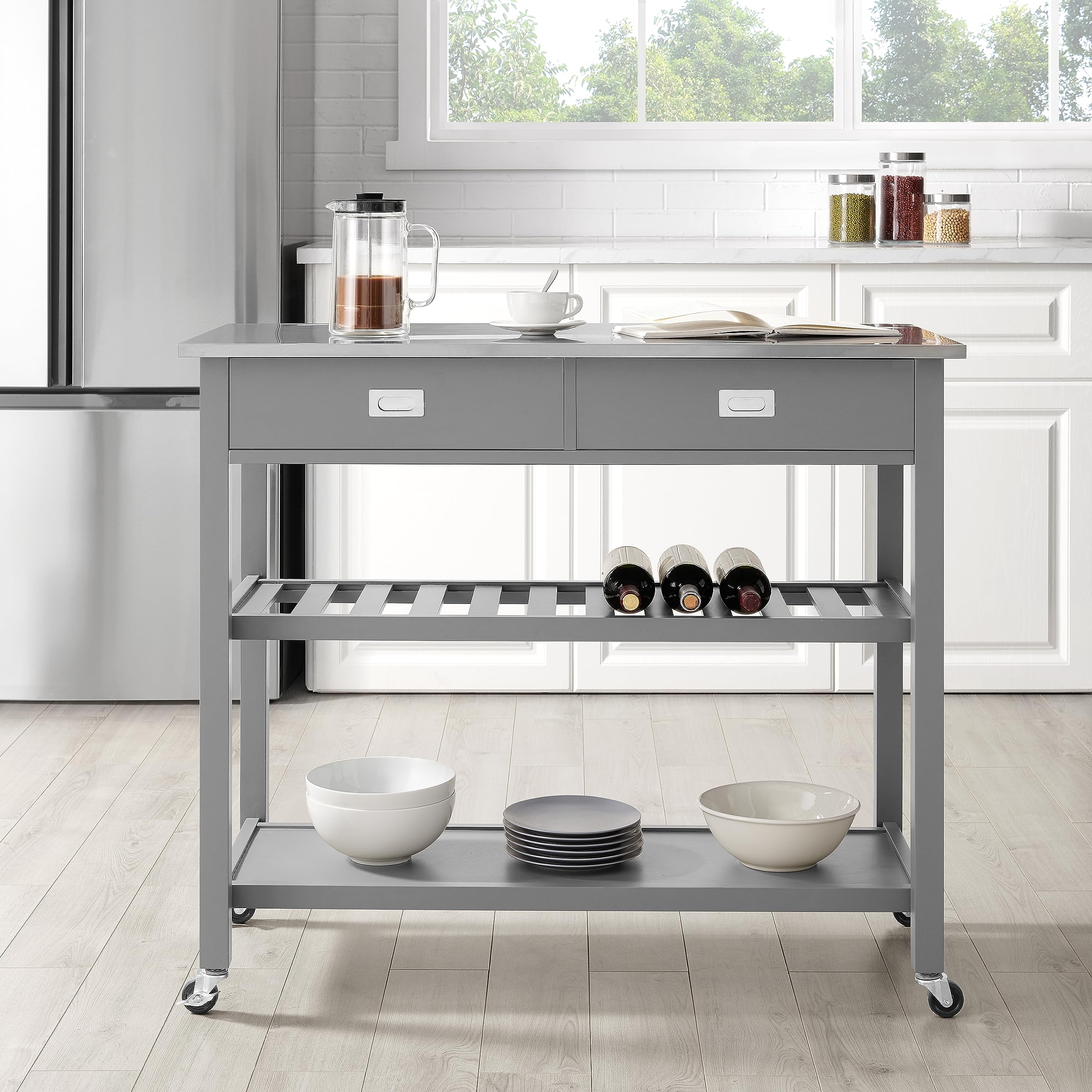 Crosley Chloe Stainless Steel Kitchen Island Cart with Wheels - Microwave Stand, Wine Rack & Storage Cabinet for Small Spaces - Perfect for Apartments, Dorms & Compact Kitchens (Gray)