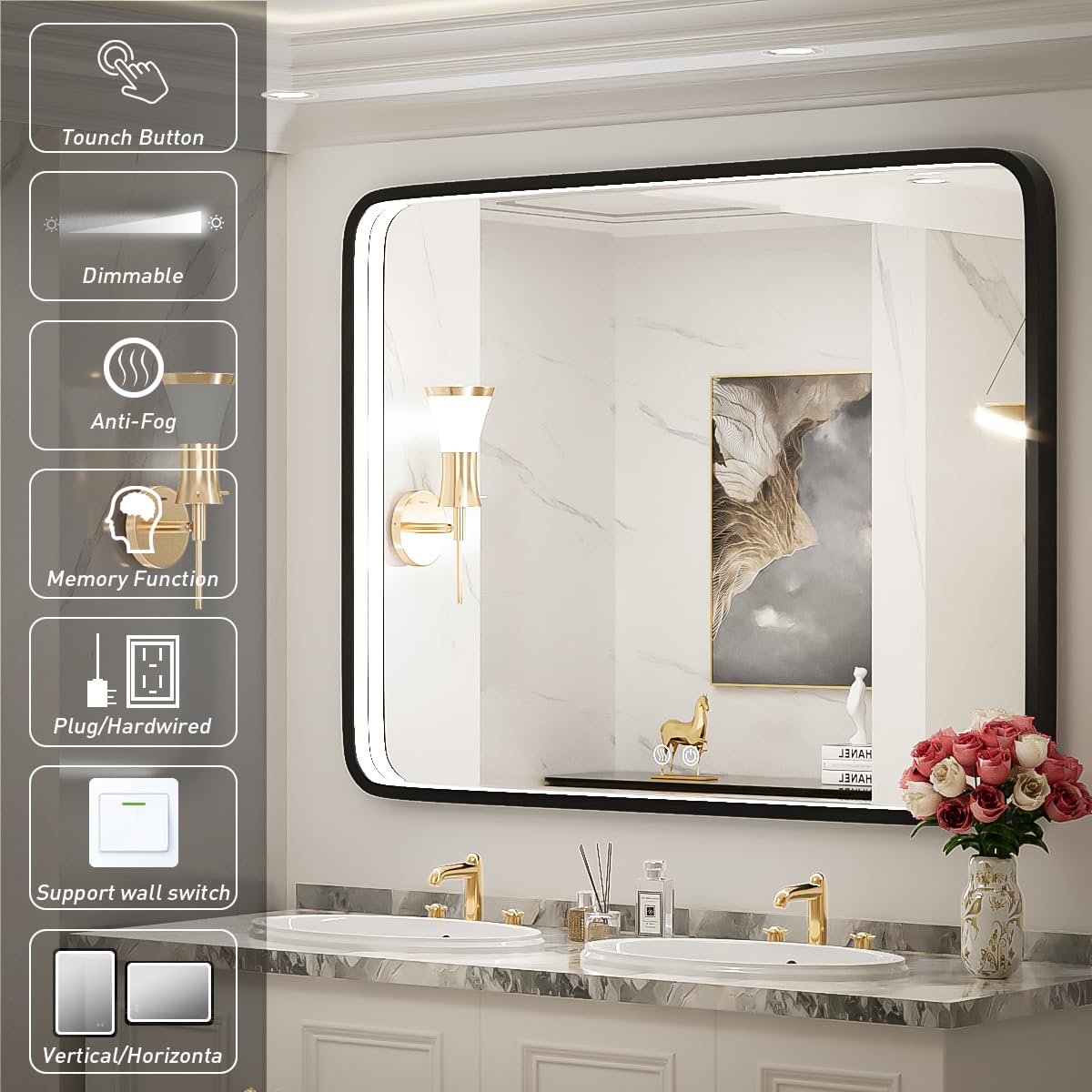 40x30 Inch LED Bathroom Mirror with Anti-Fog & Dimmable Touch Control - Modern Metal Frame Vanity Mirror for Wall Mount (Horizontal/Vertical) - Perfect for Makeup, Shaving & Home Decor Lighting