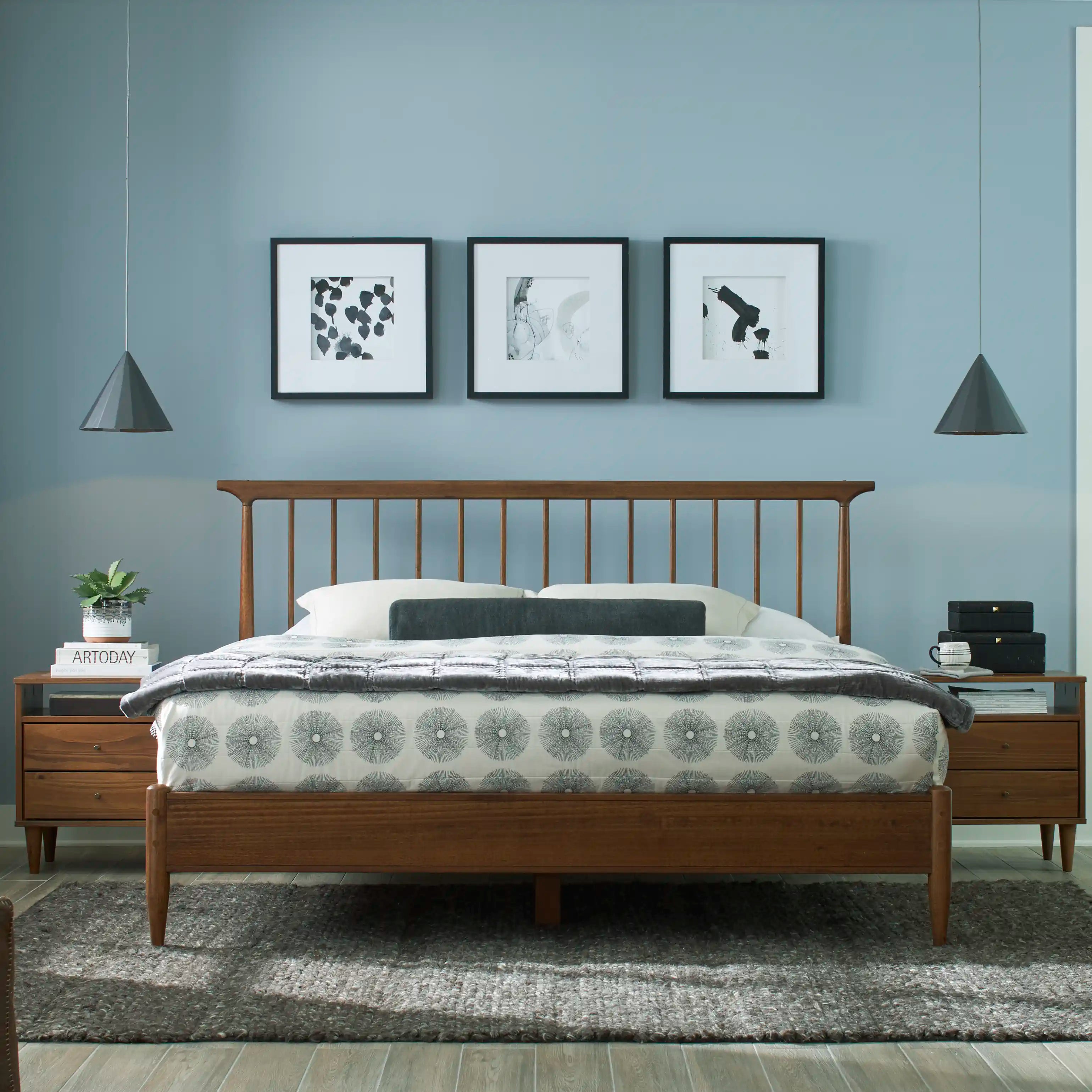 Mid Century Spindle Bed - Vintage Wooden Bed Frame for Bedroom - Perfect for Modern Farmhouse, Boho & Scandinavian Decor Styles