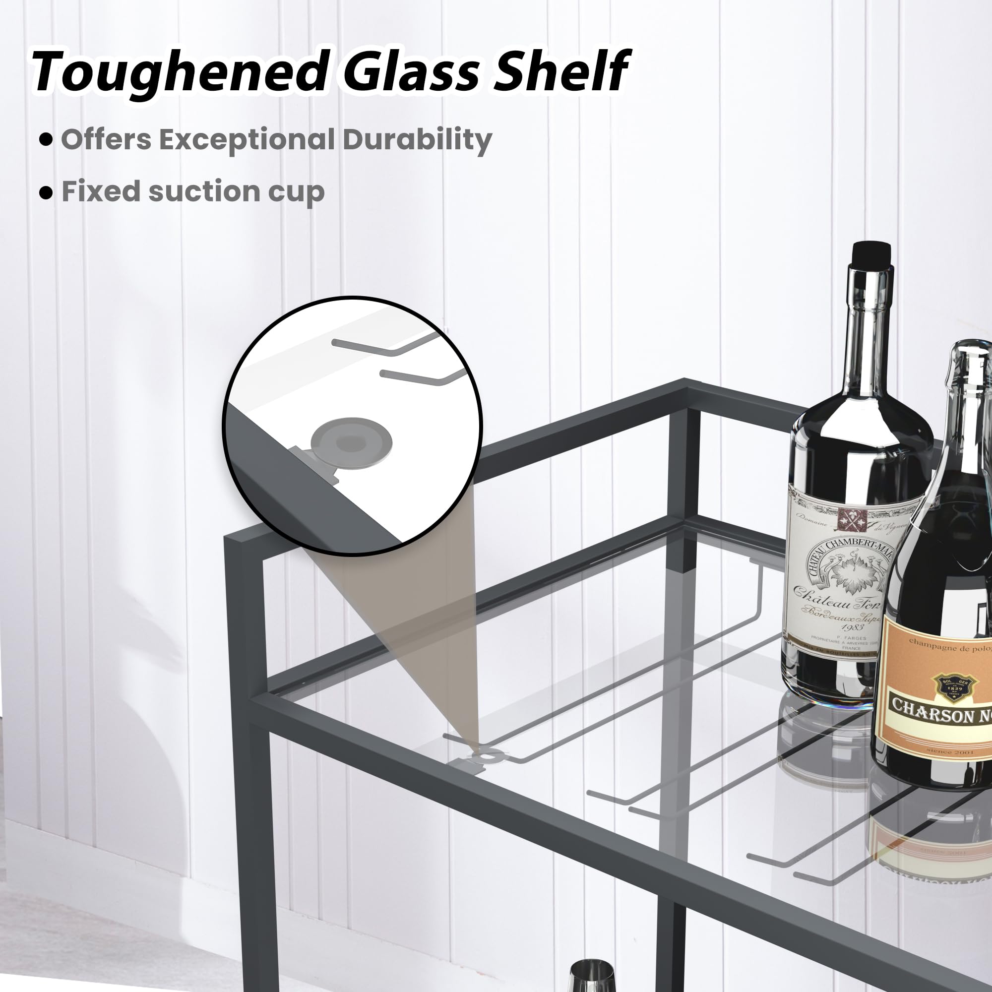 SULIVES 4-Tier Black Bar Cart with Wheels - Rolling Serving Cart with Wine Rack & Tempered Glass Holder - Lockable Mobile Bar Cabinet for Kitchen, Dining Room, Party, Home Bar, Office or Outdoor Entertaining