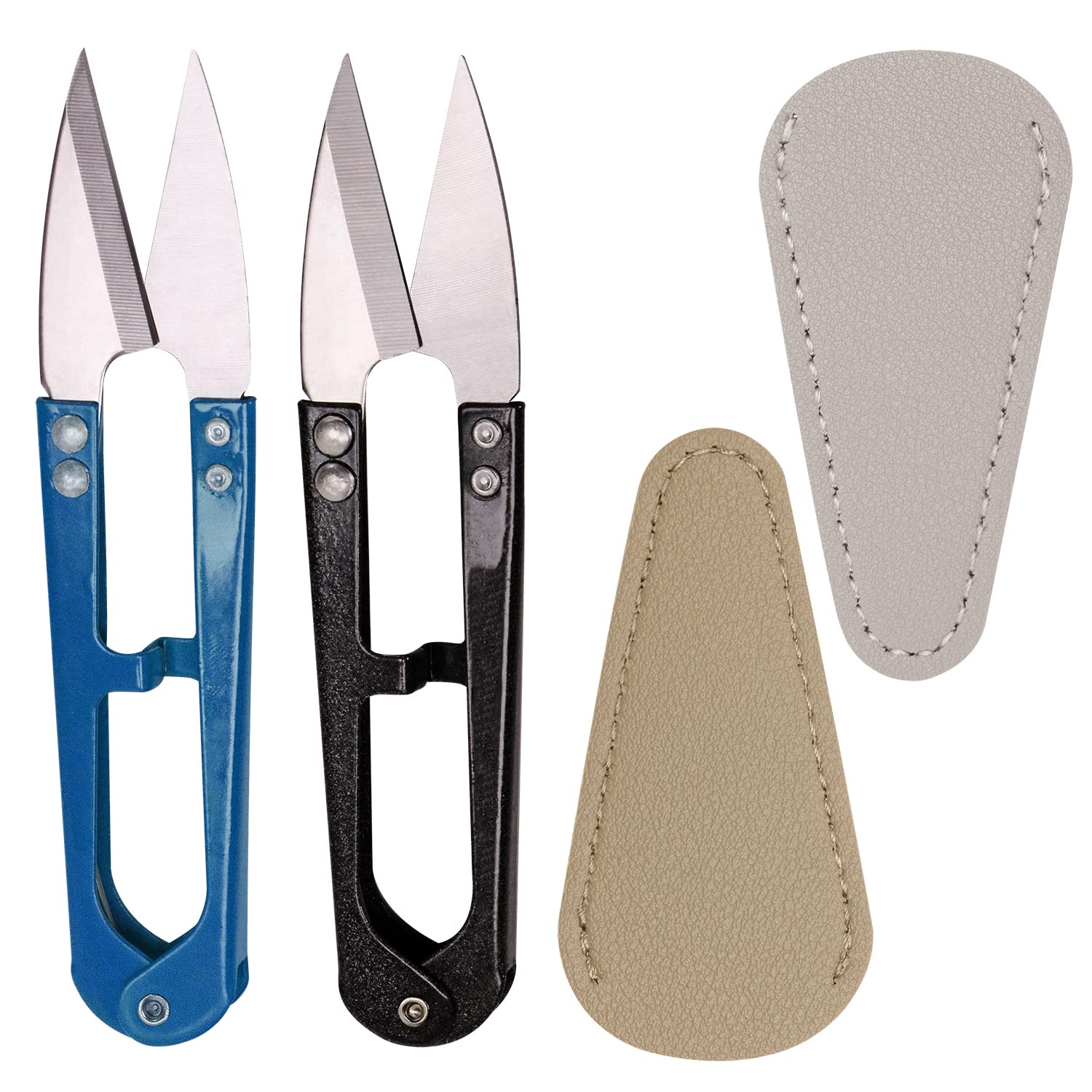 2Pcs Mini Sewing Scissors Clipper - Sharp Embroidery Thread Trimming Nipper with 2 Leather Sheath Covers, U-Shaped Craft Cross Stitch Scissors for DIY, Quilting, Sewing Kits & Fabric Projects (Light Blue/Black)