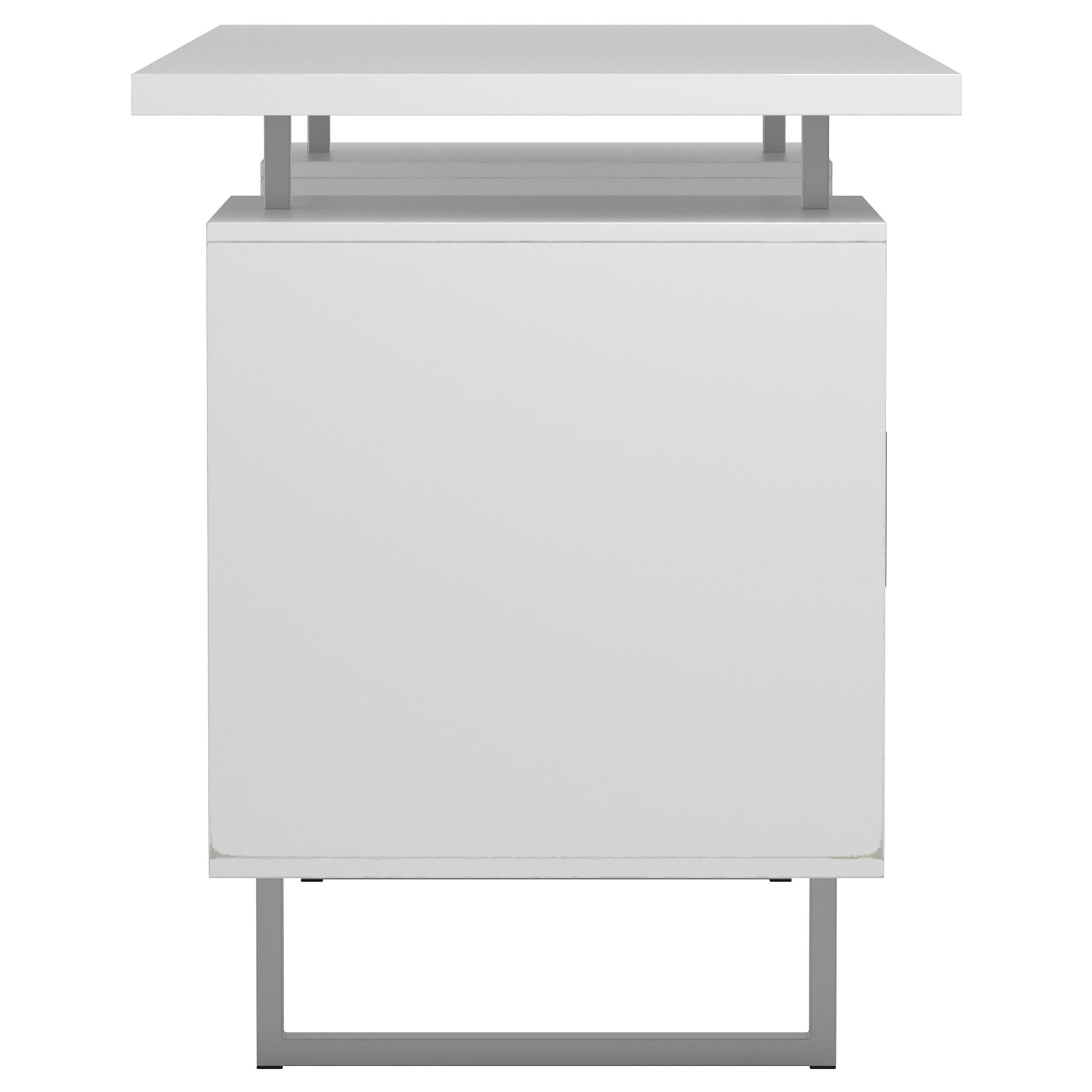Modern Contemporary 2-Drawer Home Office Writing Desk with Storage File Cabinet - Silver Metal Frame & White High Gloss Finish - Perfect for Small Spaces, Home Offices, and Workspaces (Model 803521)