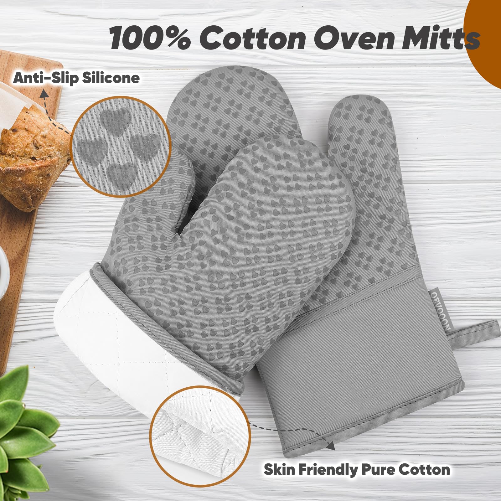 Heat Resistant Oven Mitts and Pot Holders Set of 4 - 500℉ Protection with Non-Slip Silicone Surface - Kitchen Essentials for Cooking, Baking, BBQ & Grilling - Perfect for Holiday Baking, Camping & Outdoor Cooking (Grey)