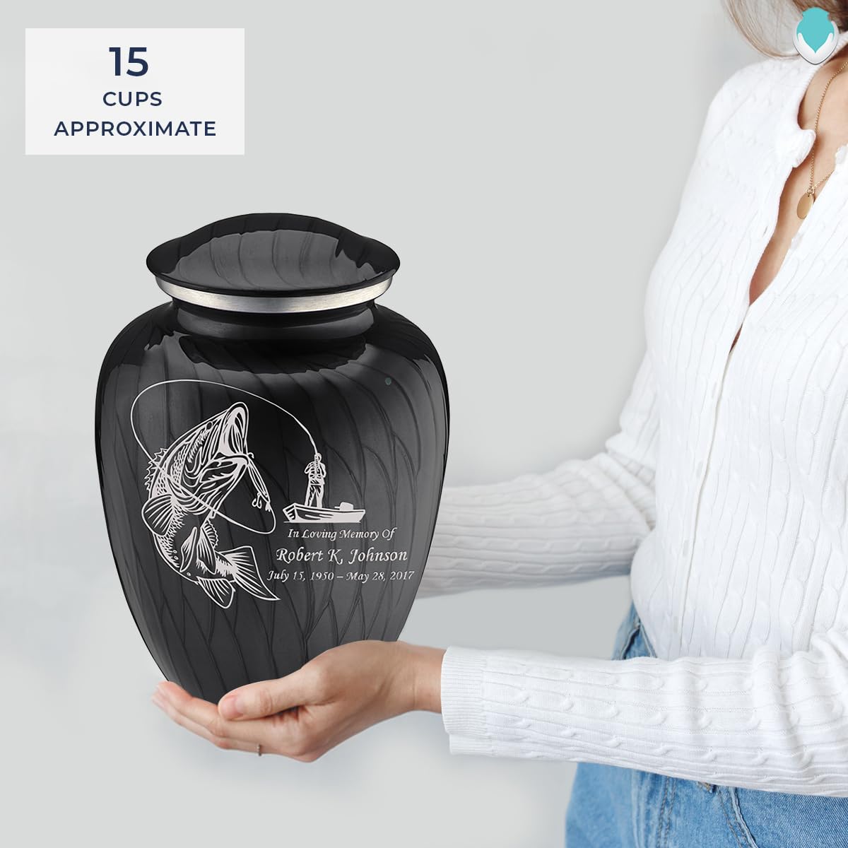 Personalized Fishing Cremation Urn for Ashes - Large Pearl Black Funeral Urn for Men & Women with Double Side Engraving - Holds 200 lbs - Perfect for Memorial Services & Home Display