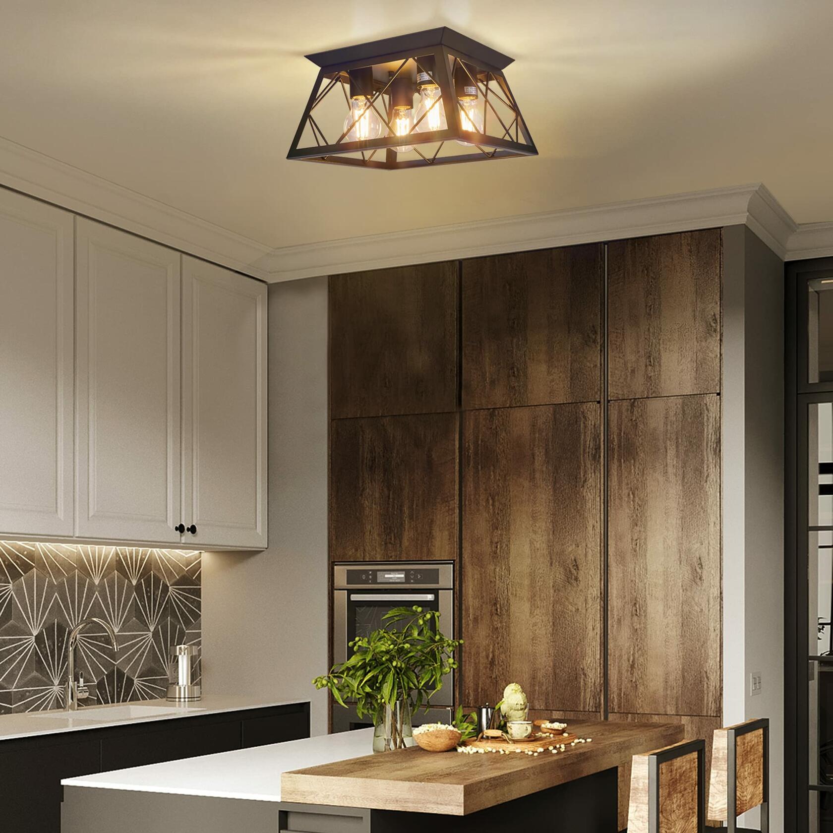 4-Light Black Industrial Flush Mount Ceiling Light Fixture - Bulb Not Included - Perfect for Kitchen, Bathroom, Bedroom or Hallway Lighting