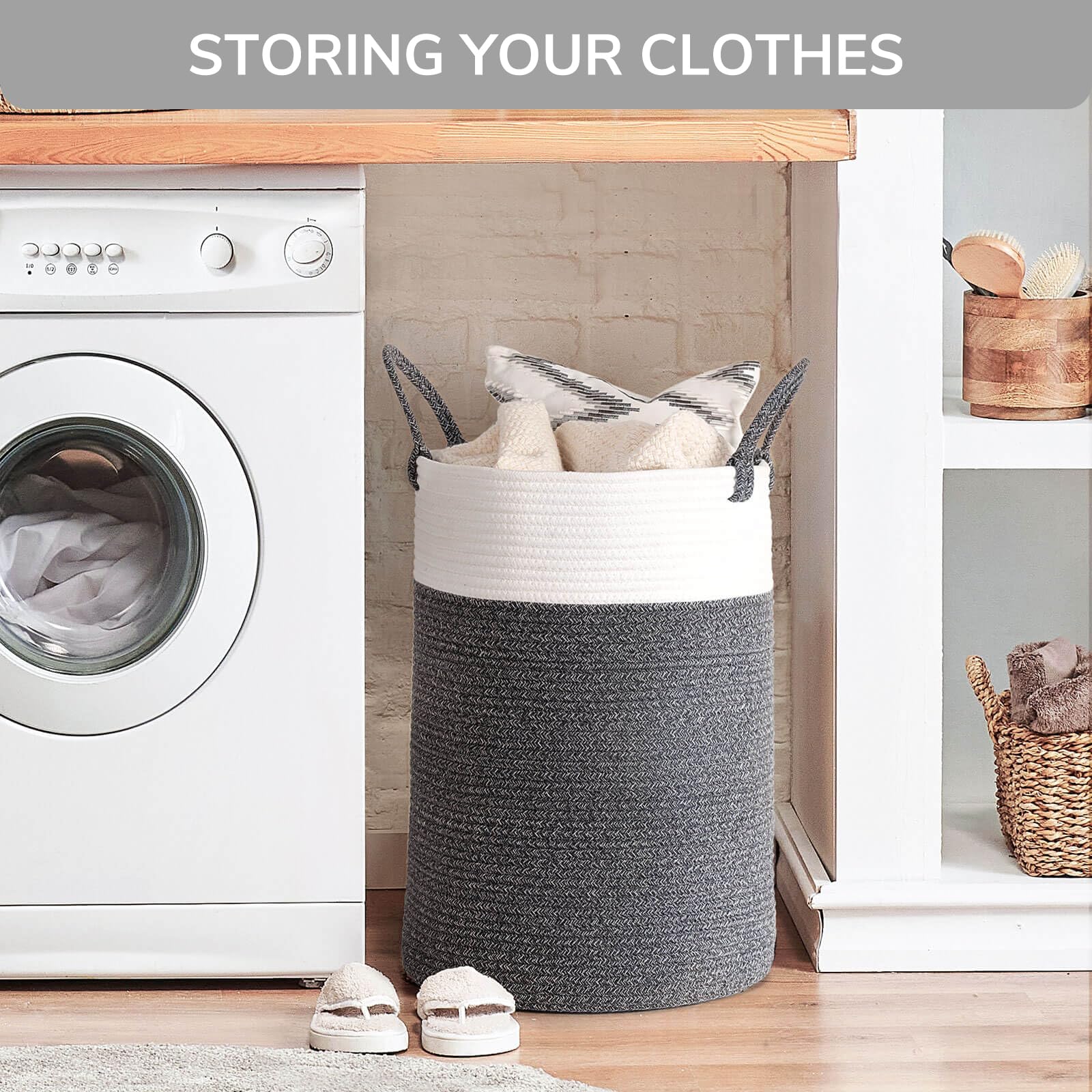 INDRESSME 60L Large Laundry Basket with Handles - Blanket Storage Basket, Kids Toy Organizer, Clothes Hamper for Bedroom - 19.7 x 13.8 Inches - Perfect for Nursery, Dorm Room & Laundry Room Organization