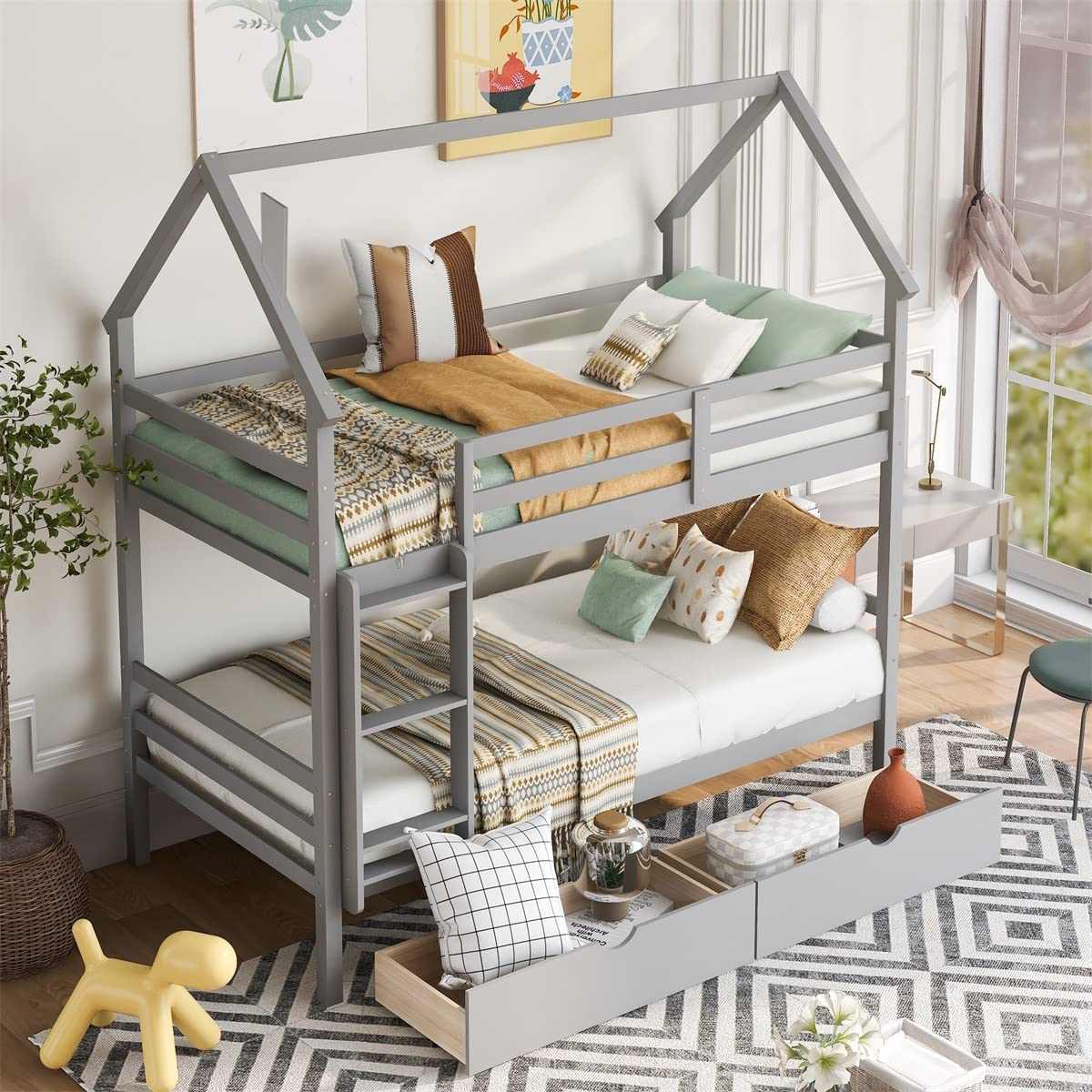 Twin Over Twin Bunk Bed with 2 Drawers & Chimney Design - Sturdy Kids & Toddler Bunk Bed in Gray | Perfect for Small Bedrooms, Shared Kids Rooms & Space-Saving Solutions