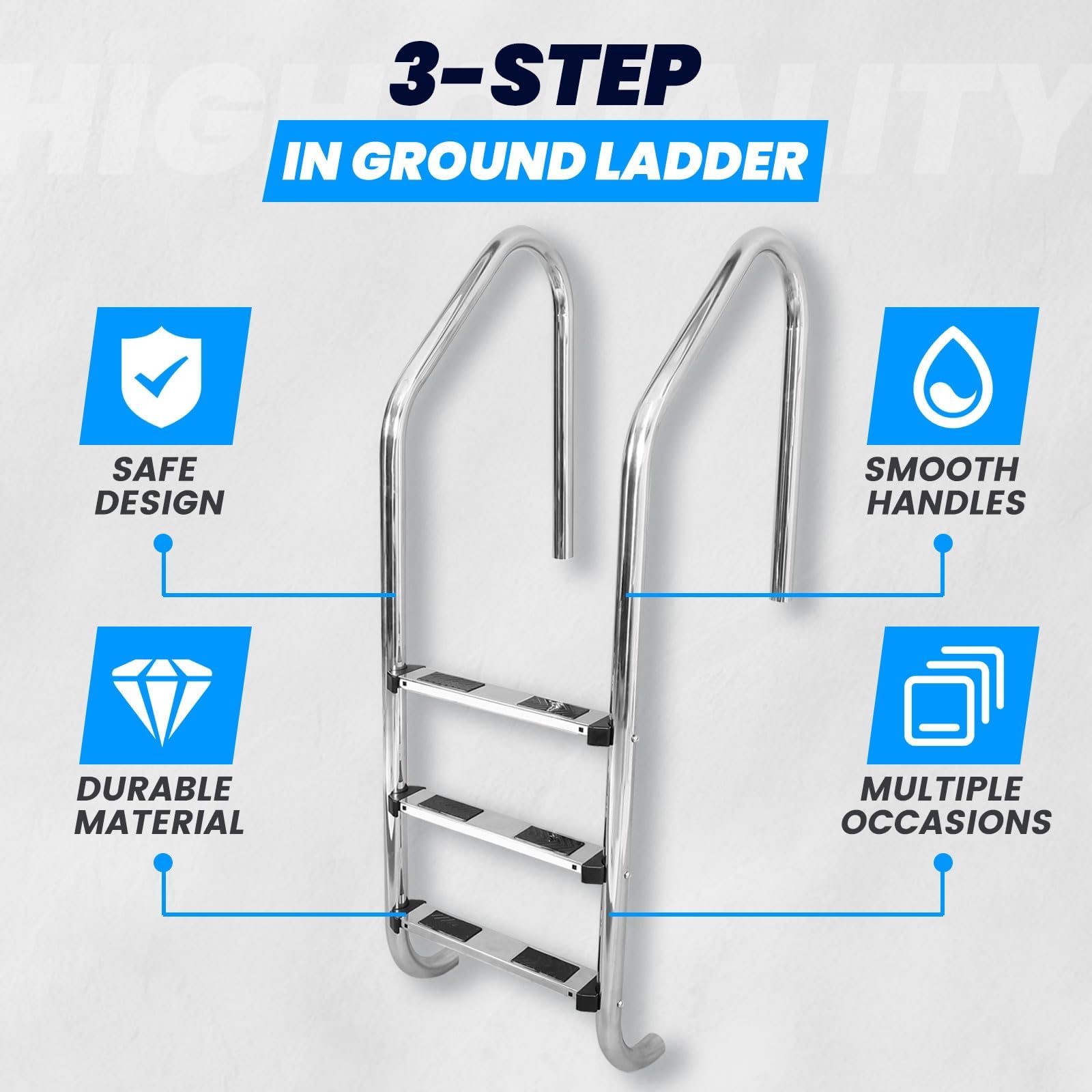 HECASA 3-Step Stainless Steel Swimming Pool Ladder with Anti-Slip Pads - 300LB Weight Capacity for In-Ground Pools - Easy Assembly & Safe Climbing - Indoor/Outdoor Use - Perfect for Backyard, Community, and Vacation Home Pools
