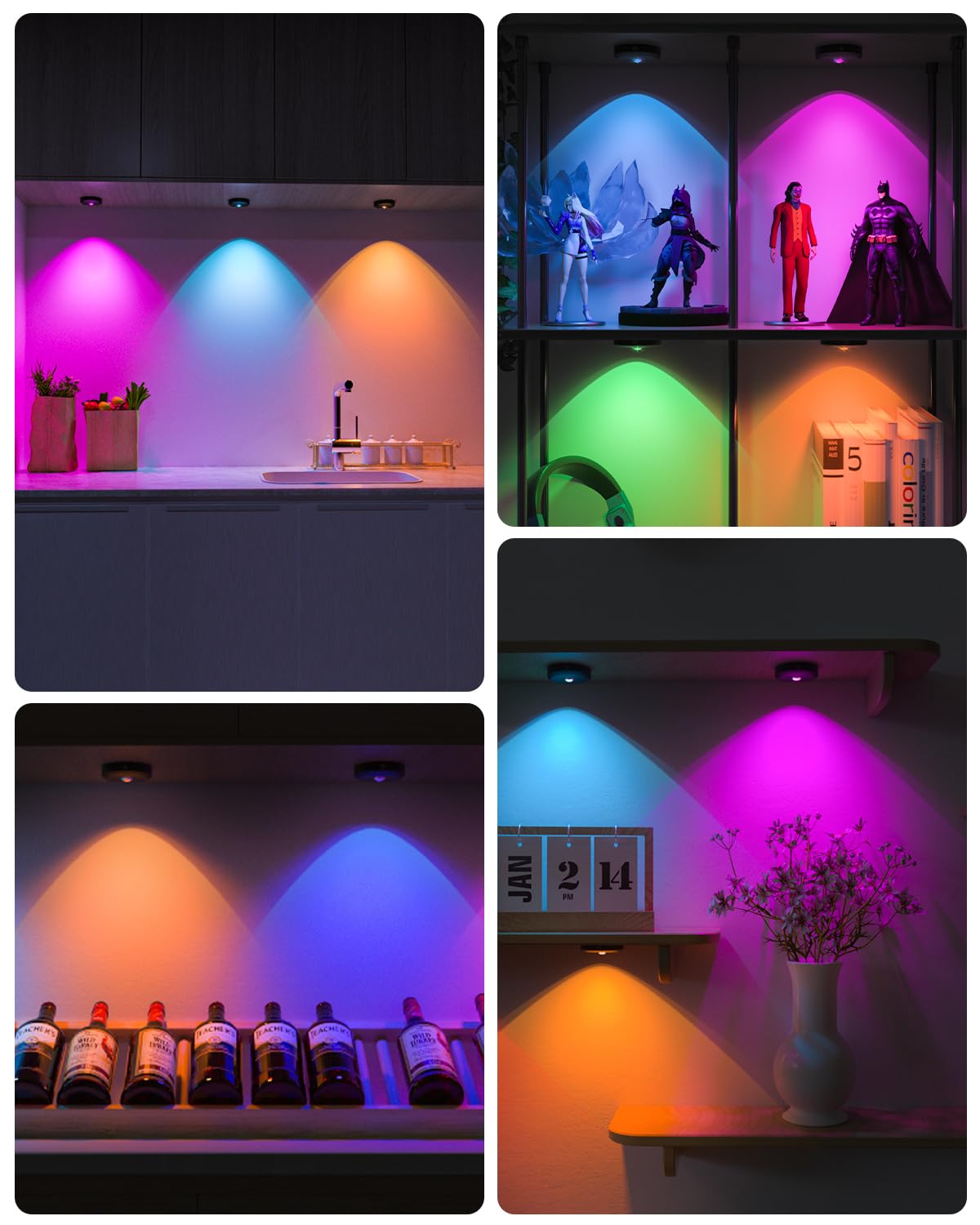 WILLED Rechargeable RGB Puck Lights with Remote Control - 6 Pack, 1200mAh Battery Operated Dimmable LED Tap Lights for Under Cabinet, Shelf, Closet & Stair Lighting - Wireless Push Lights with USB Charging for Home, Kitchen & Bedroom Decor