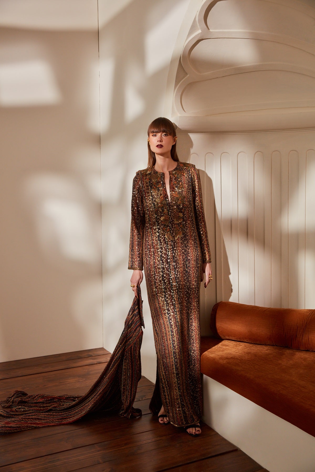 Elegant Stripe Print Sheeted Slit Dress with Baroque Hand Embroidery - Perfect for Evening Parties and Special Occasions