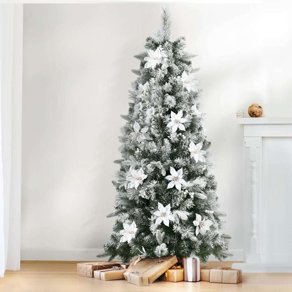 1.8m Snow Flocked Christmas Tree with 564 Tips & Flower Decorations - Perfect for Holiday Home Decor, Office, and Party Celebrations