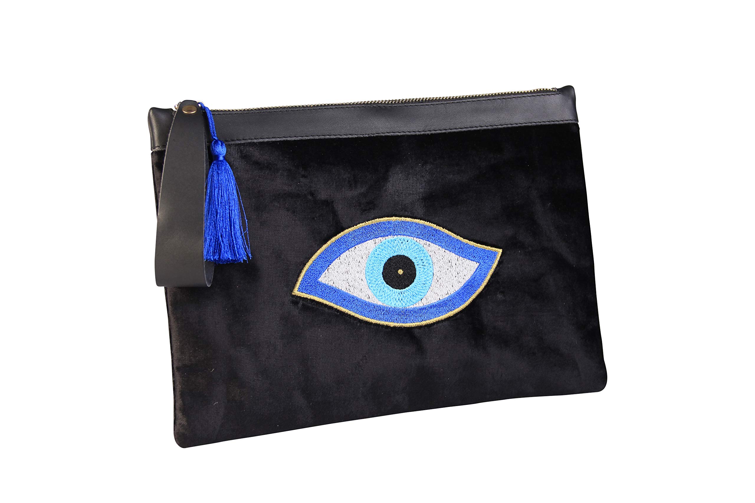 Evil Eye Embroidery Black Velvet Clutch Bag - Eyes of Ra Protection Charm - Medium Size Women's Evening Purse for Beach, Summer, Party & Wedding Occasions