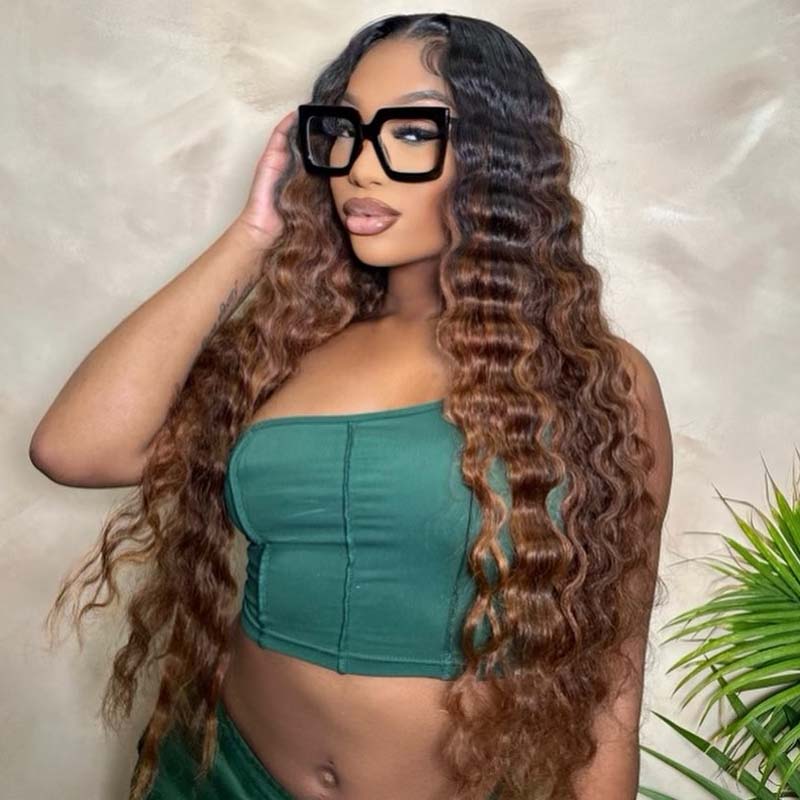 Eullair Ombre 3 Tones T1b/4/30 Highlight Deep Wave Human Hair Wig with Transparent HD Lace Frontal for Women - Perfect for Daily Wear, Parties & Special Occasions