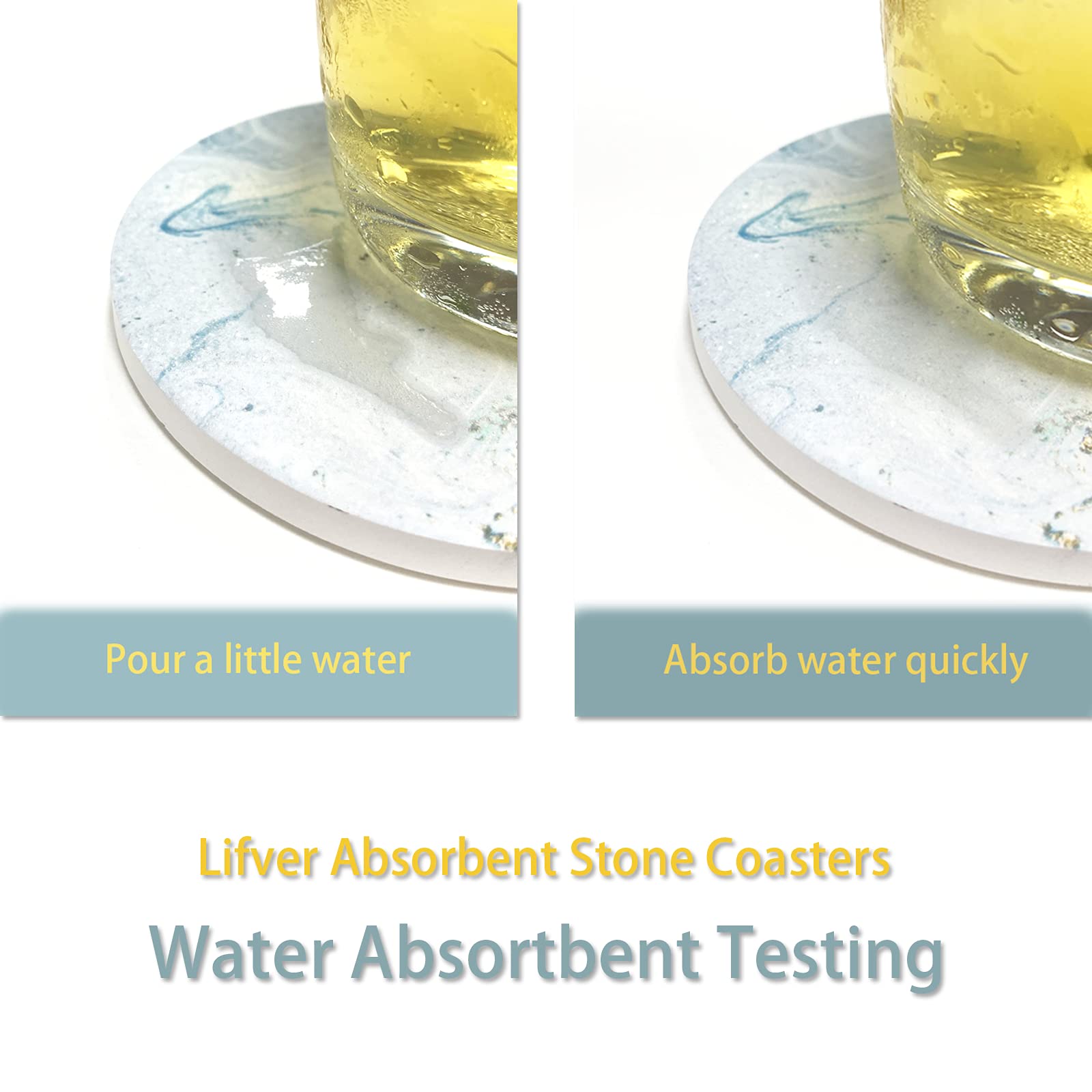 Absorbent Ceramic Drink Coasters Set of 8 with Cork Base - 4 Inch Round Stone Coasters for Wine, Mugs & Cups - Teal Marble Design - Tabletop Protection for Cold Beverages, Home Bar & Dinner Parties