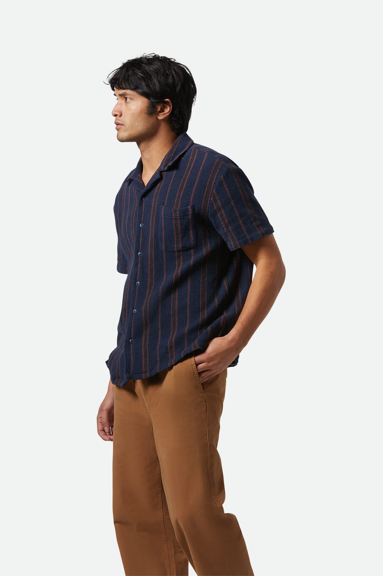 Bunker Waffle Stripe Short Sleeve Camp Collar Shirt - Washed Navy Stripe | Casual Summer Wear for Men, Beach Outfit, Vacation Style