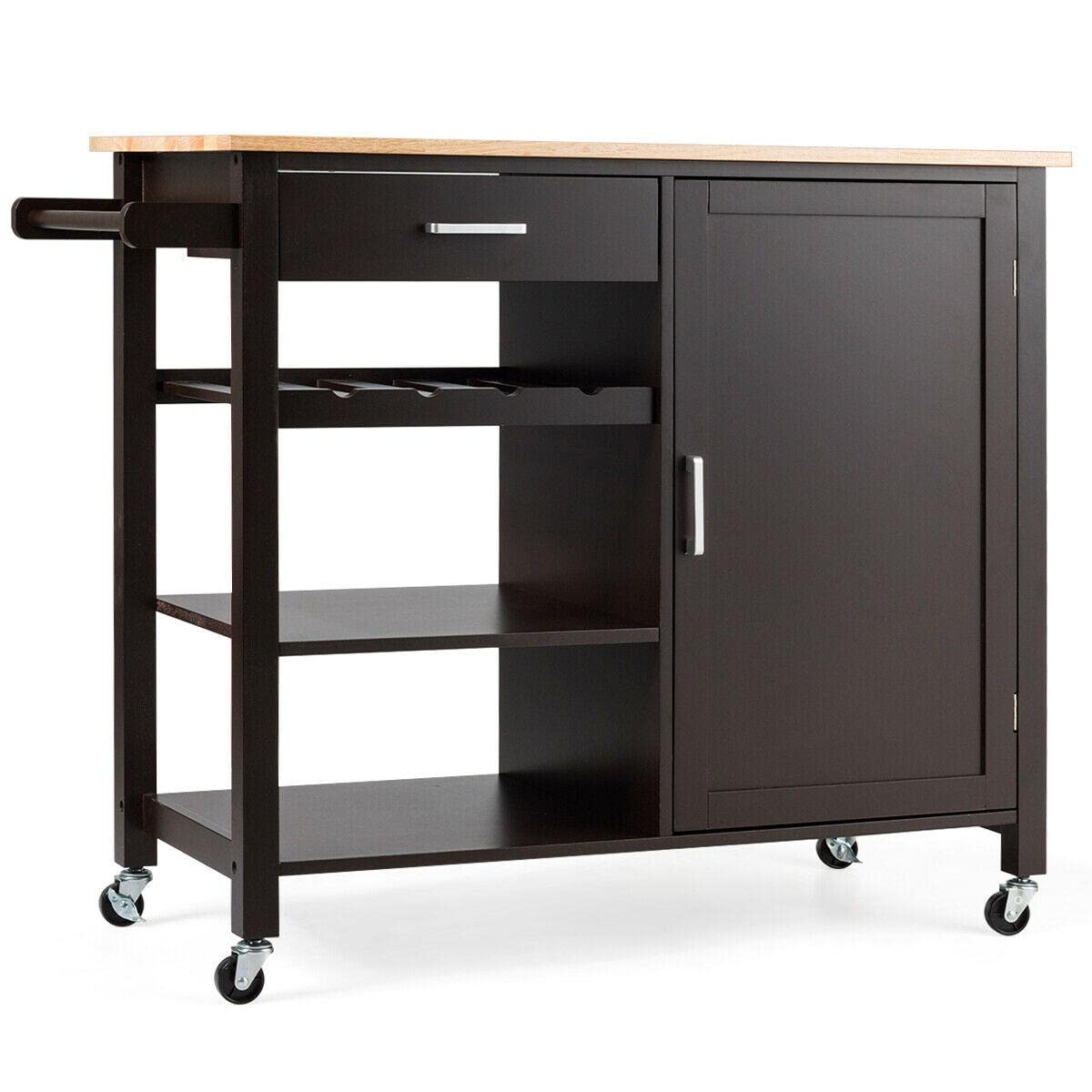 4-Tier Wooden Kitchen Island Cart with Wine Rack & Drawer - Mobile Kitchen Storage Organizer for Small Spaces, Pantry, Dining Room & Home Bar