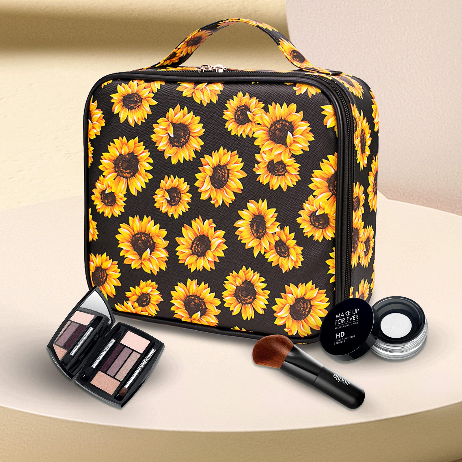 Sunflower Travel Makeup Bag with Adjustable Compartments - Cosmetic Train Case Organizer for Women | Perfect for Makeup Brushes, Toiletries, Jewelry & Digital Accessories Storage | Great for Travel, Gym & Daily Use