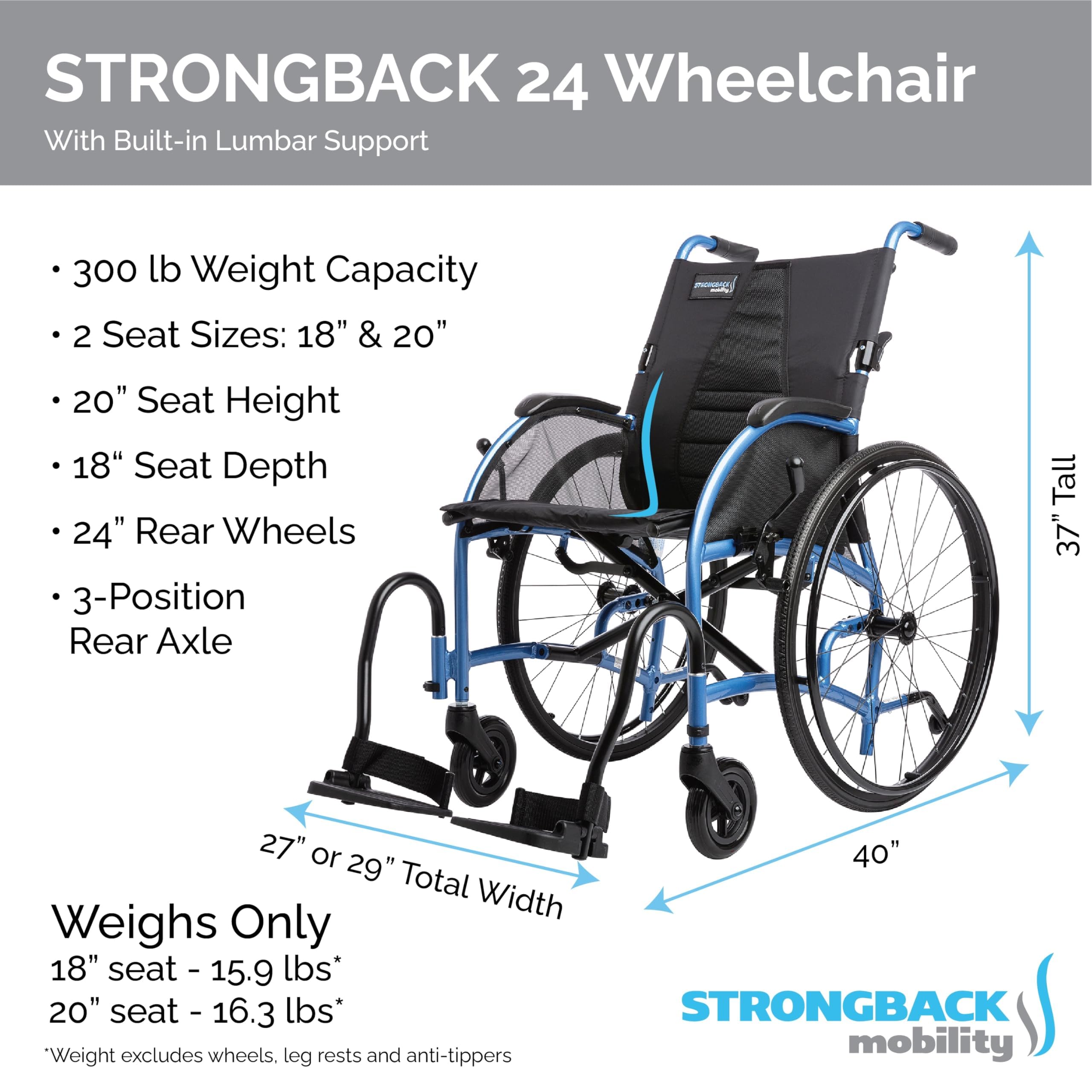 Lightweight Folding Wheelchair for Adults & Seniors - 300 lbs Weight Capacity - Adjustable Lumbar Support Transport Chair with 20