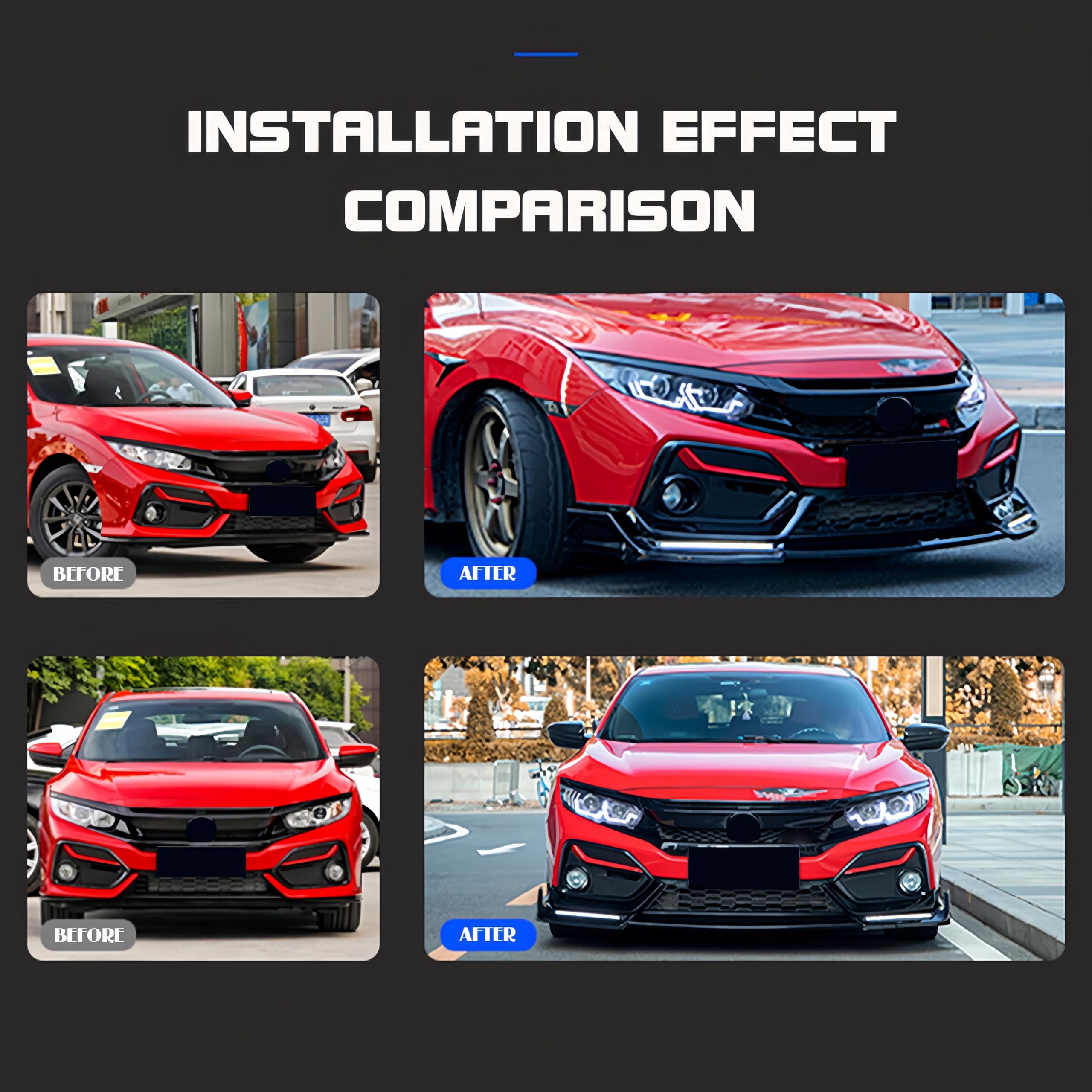 Glossy Black Front Bumper Lip Splitter with LED Daytime Running Lights for 2017-2021 Honda Civic Hatchback & Si | Lower Chin Protection & Air Dam Spoiler | Perfect for Street Racing & Car Customization