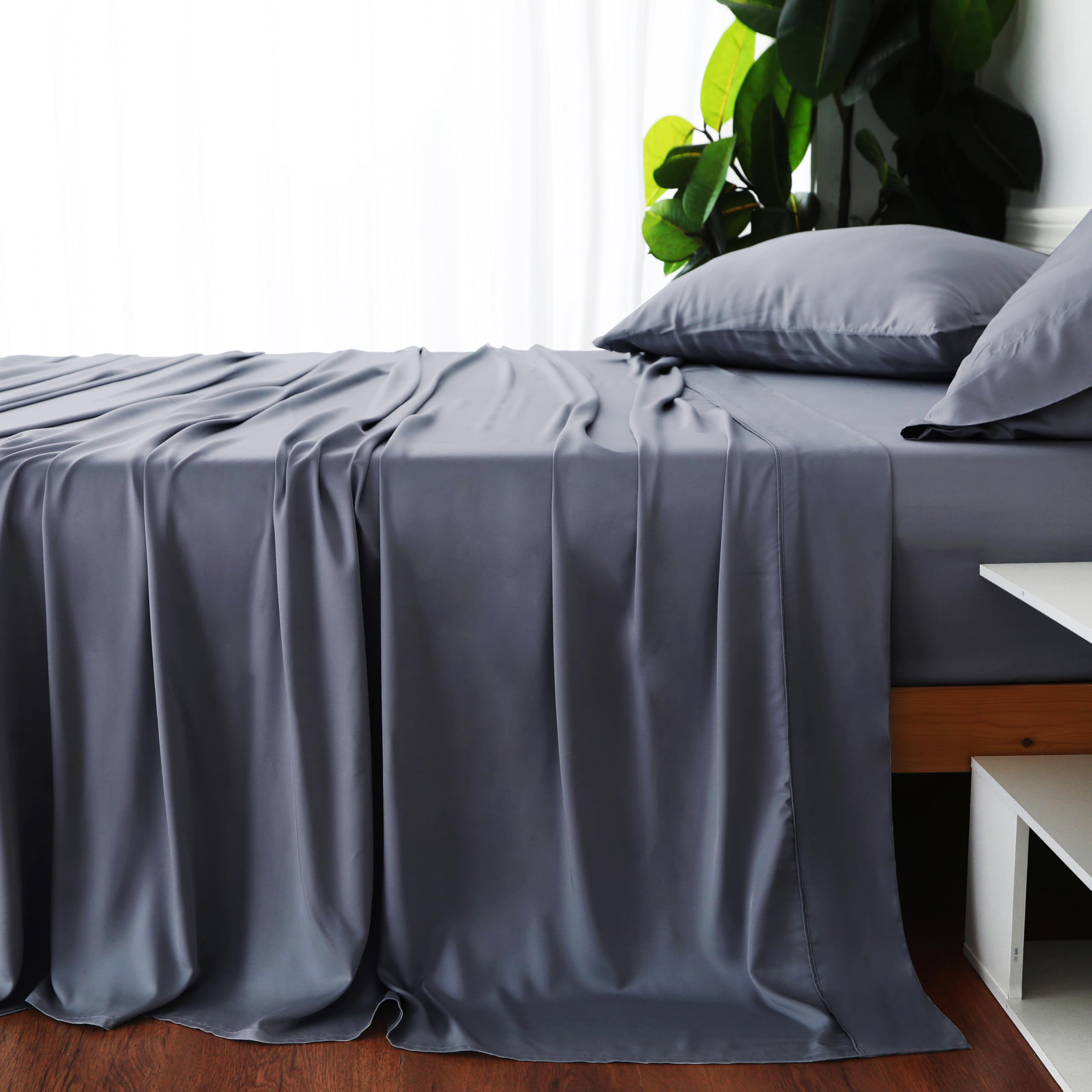 Luxury Bamboo Viscose King Size Flat Sheet - Sateen Weave, Ultra Soft & Cooling for Hot Sleepers, Breathable & Silky Smooth - Perfect for Summer Nights & All-Season Comfort (Dark Grey, King)
