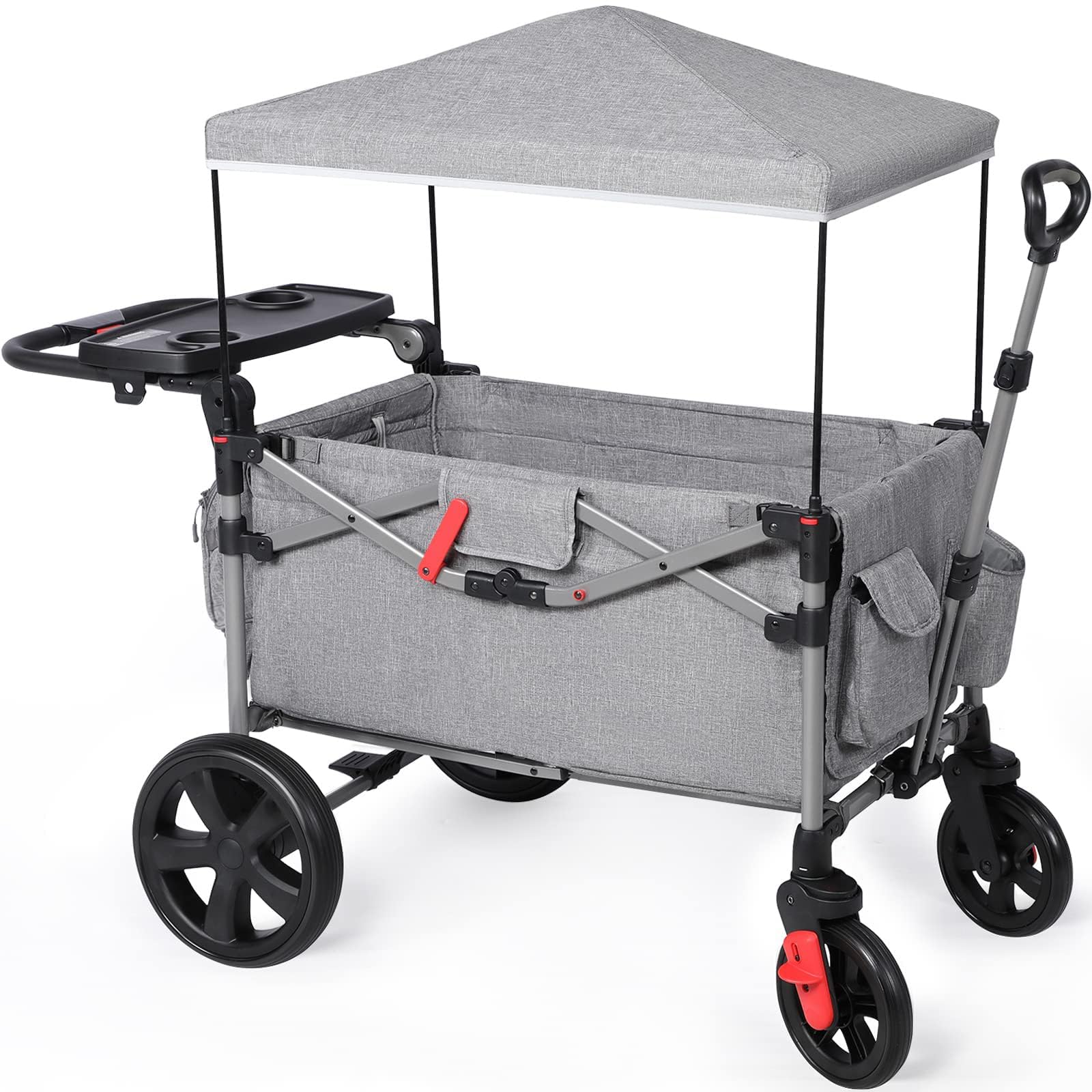 EVER ADVANCED Foldable Wagon for Kids & Cargo - Collapsible Stroller with Adjustable Handle & Removable Canopy, 5-Point Safety Harness (Gray) - Perfect for Beach Trips, Camping, Shopping & Outdoor Adventures