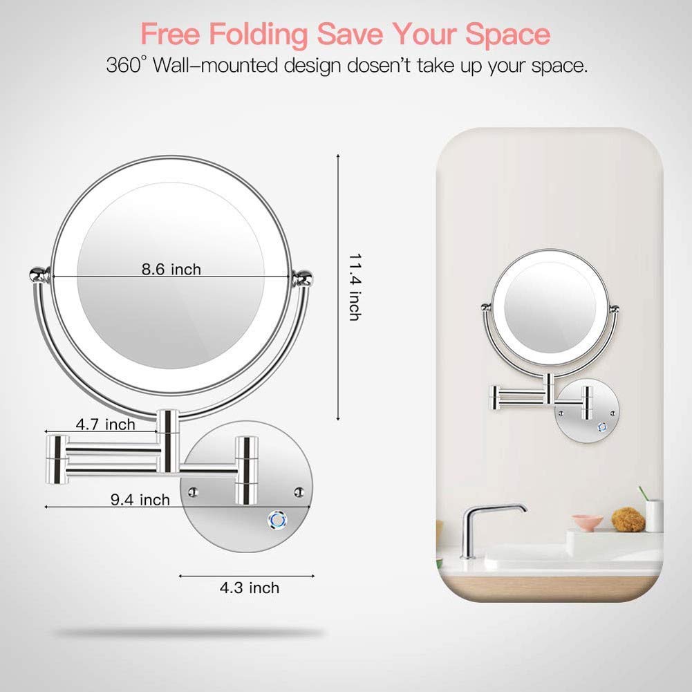 10X Magnifying Makeup Mirror with Dimmable LED Lights - Touch Screen Wall Mounted Bathroom Mirror for Shaving & Makeup Application - Perfect for Vanity, Dressing Room & Spa (UK Plug)